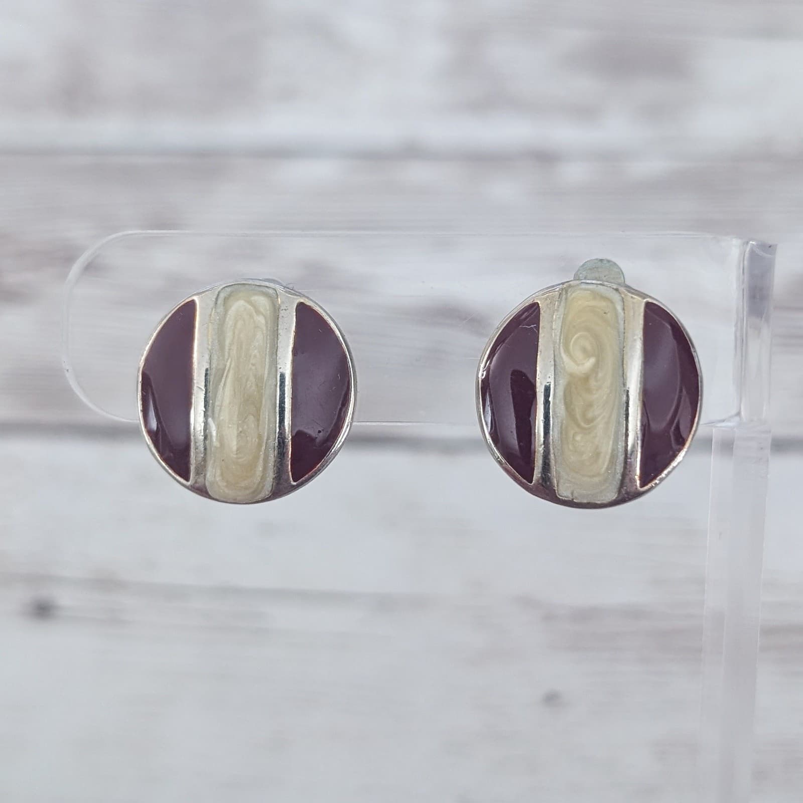 Vintage Clip On Earrings Brown & Cream Striped
