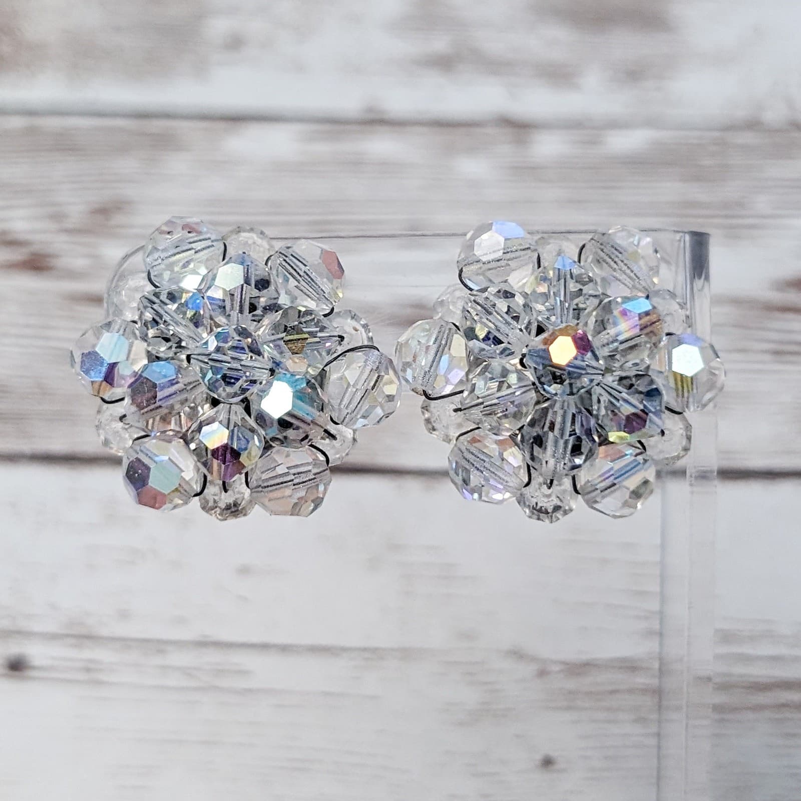 Vintage Clip On Earrings Beaded Cluster - Large - Iridescent Beads