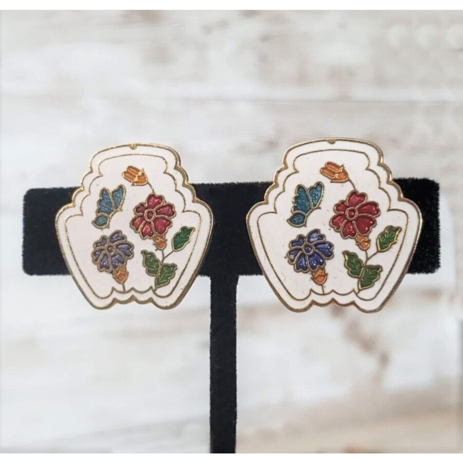 Vintage Clip On Earrings - Unusual Shape Off White with Flower Detail