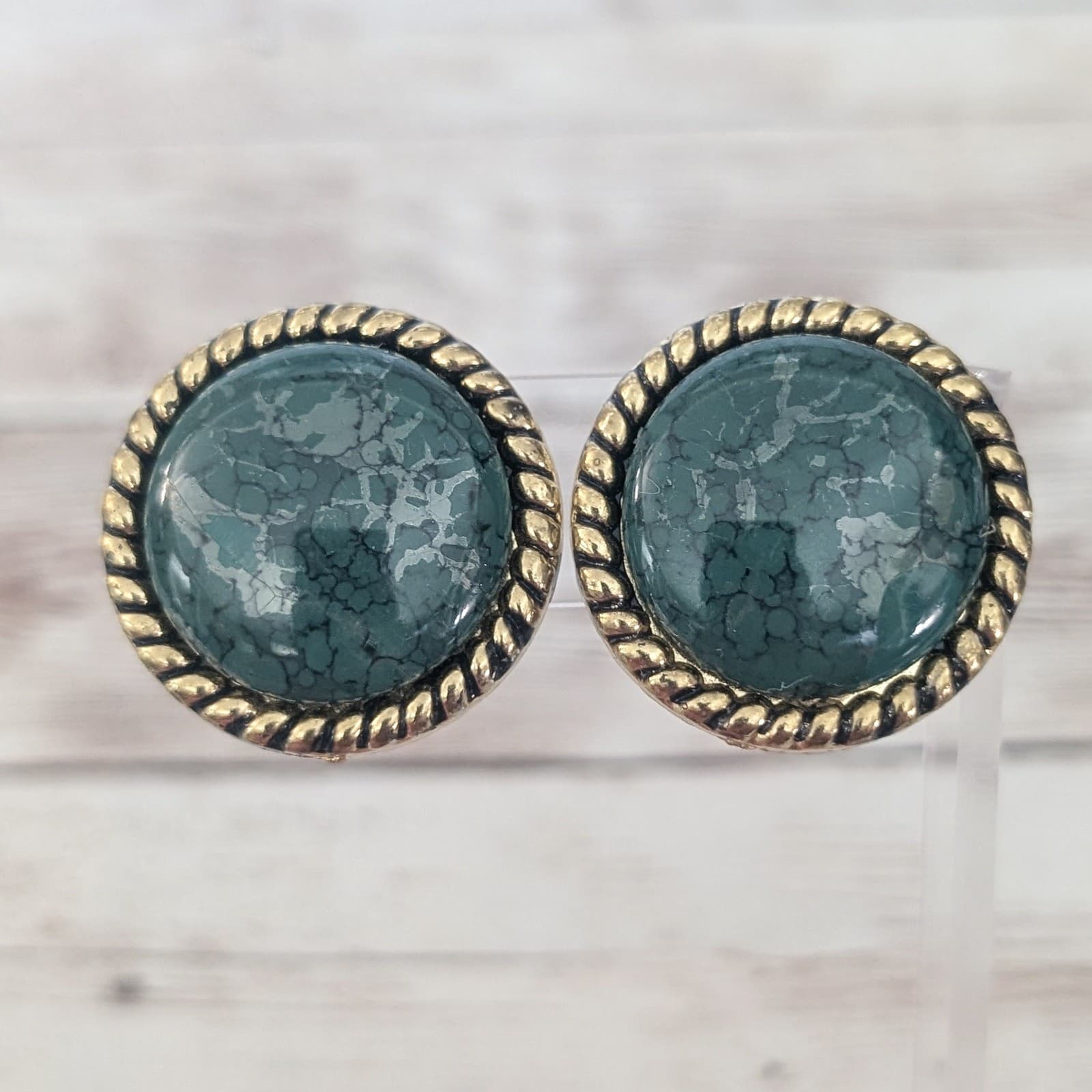 Vintage Clip On Earrings Green with Woven Gold Tone Halo Large Statement