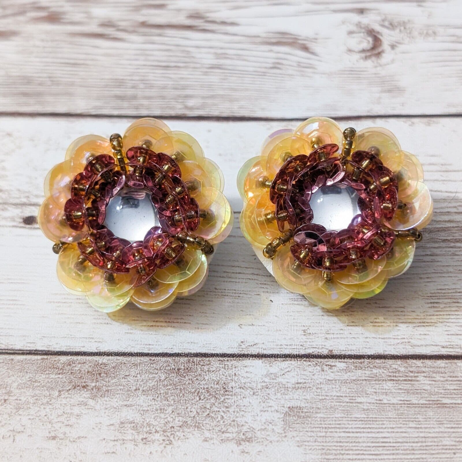 Vintage Clip On Earrings - 1.5" Large Beige & Burgundy Tone Circle