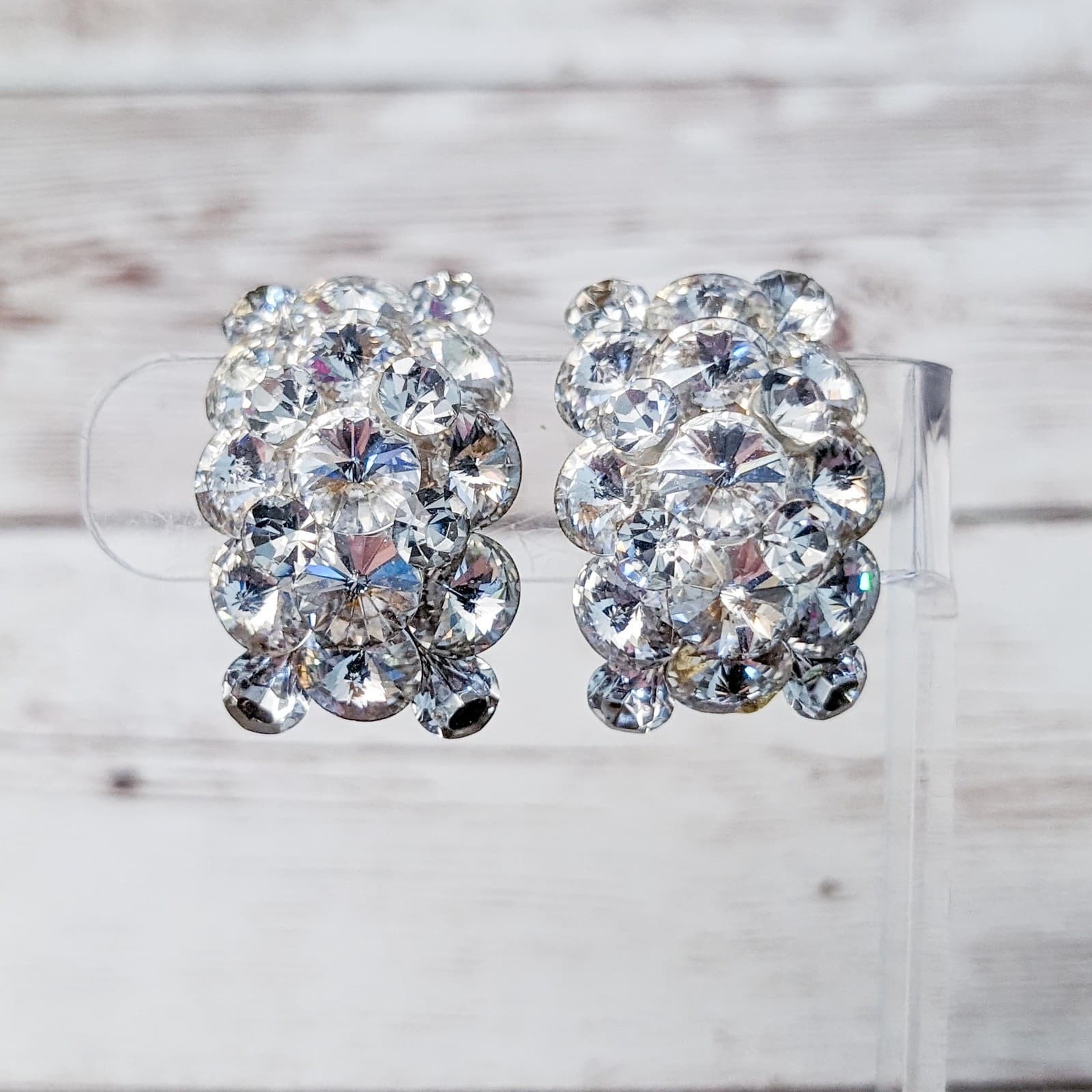 Vintage Clip On Earrings Curved Large Clear Gems
