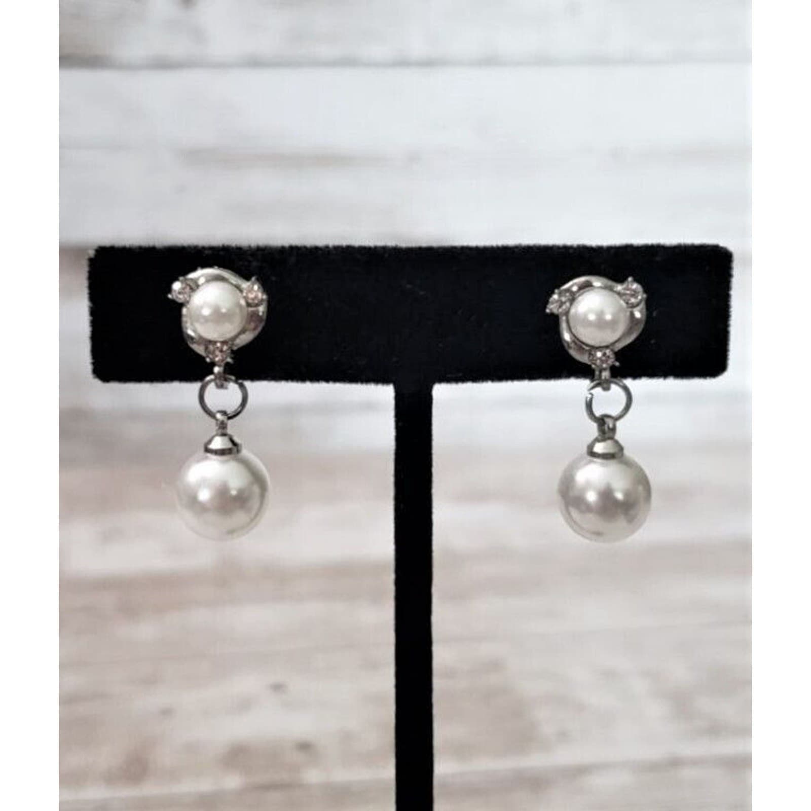 Vintage Clip On Earrings Stunning Faux Pearl Dangle with Clear Gem Detail