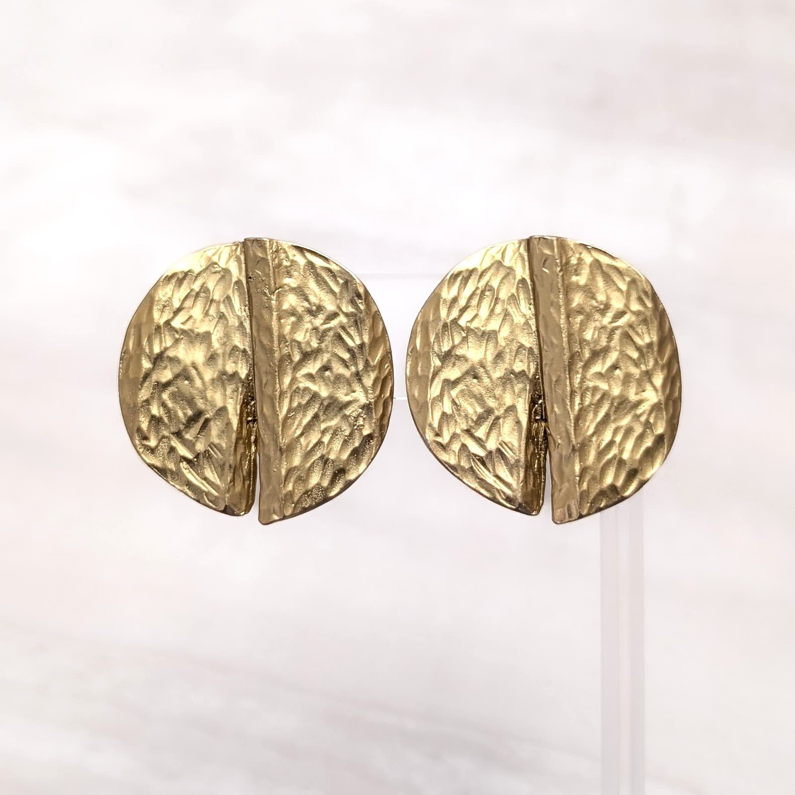 Vintage Clip On Earrings Large 1 & 3/8" Statement Split Circle Design Gold Tone