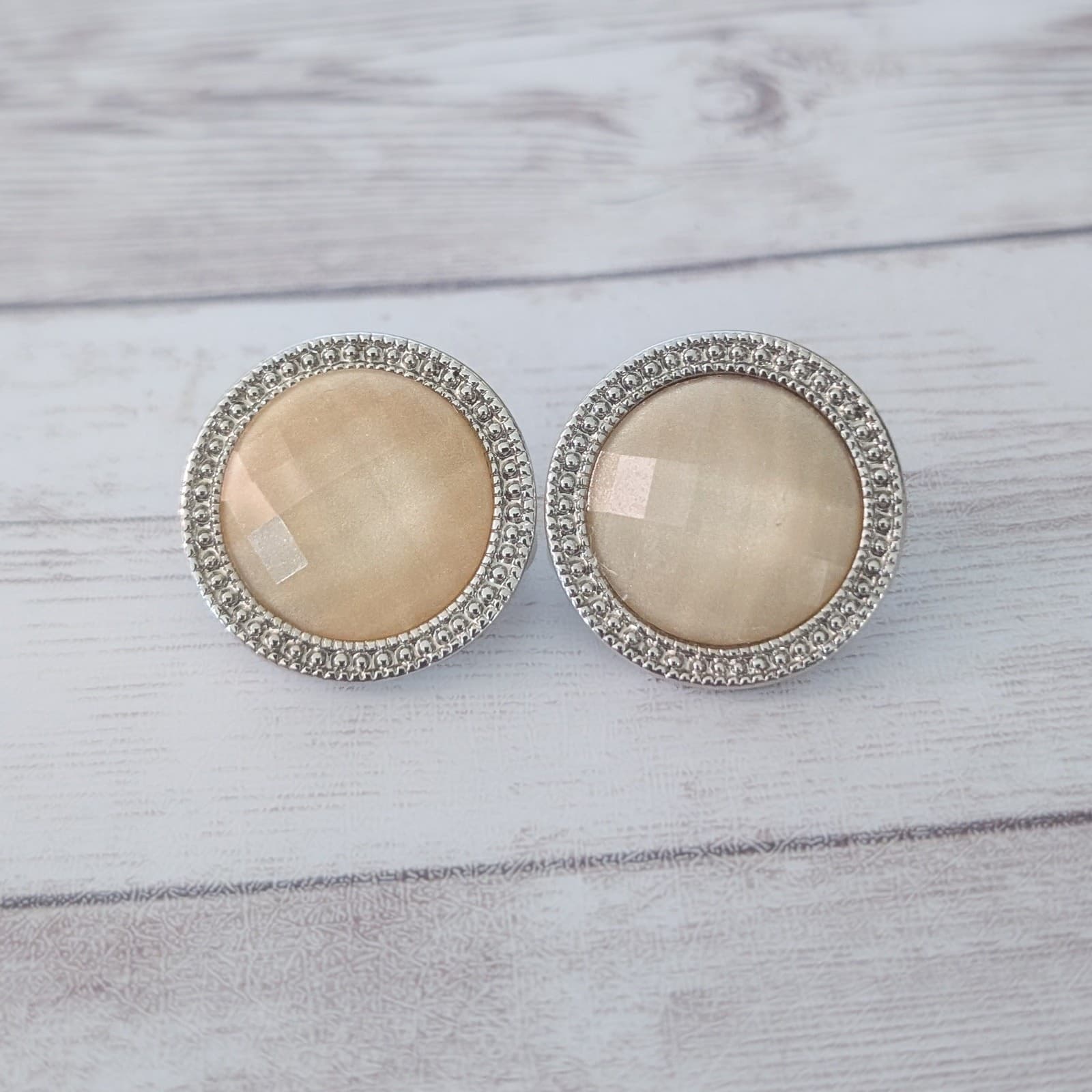 Vintage Clip On Earrings Pale Yellow/Beige & Silver Tone Large Circular