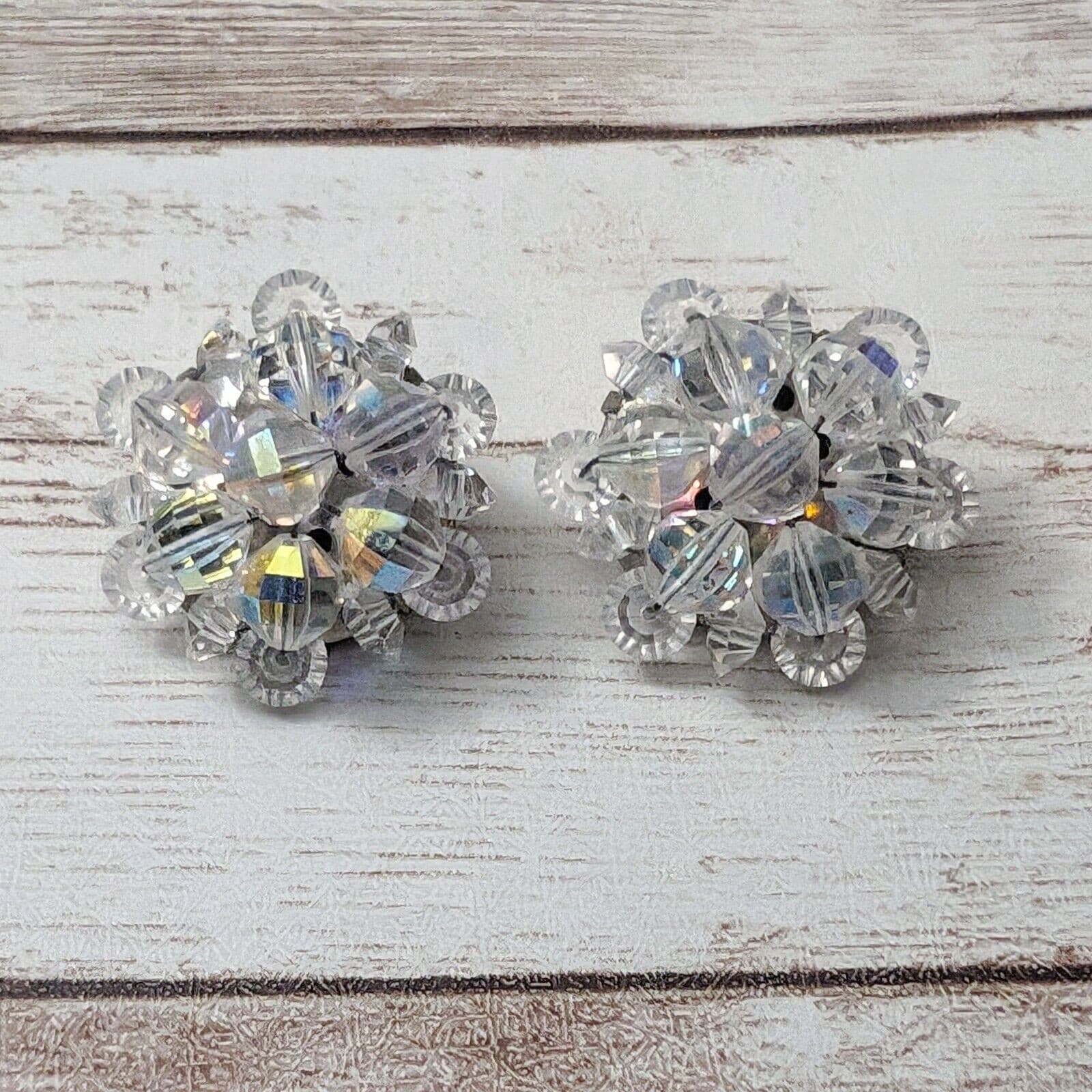 Vintage Clip On Earrings - 7/8" Beaded Clear/Iridescent Cluster