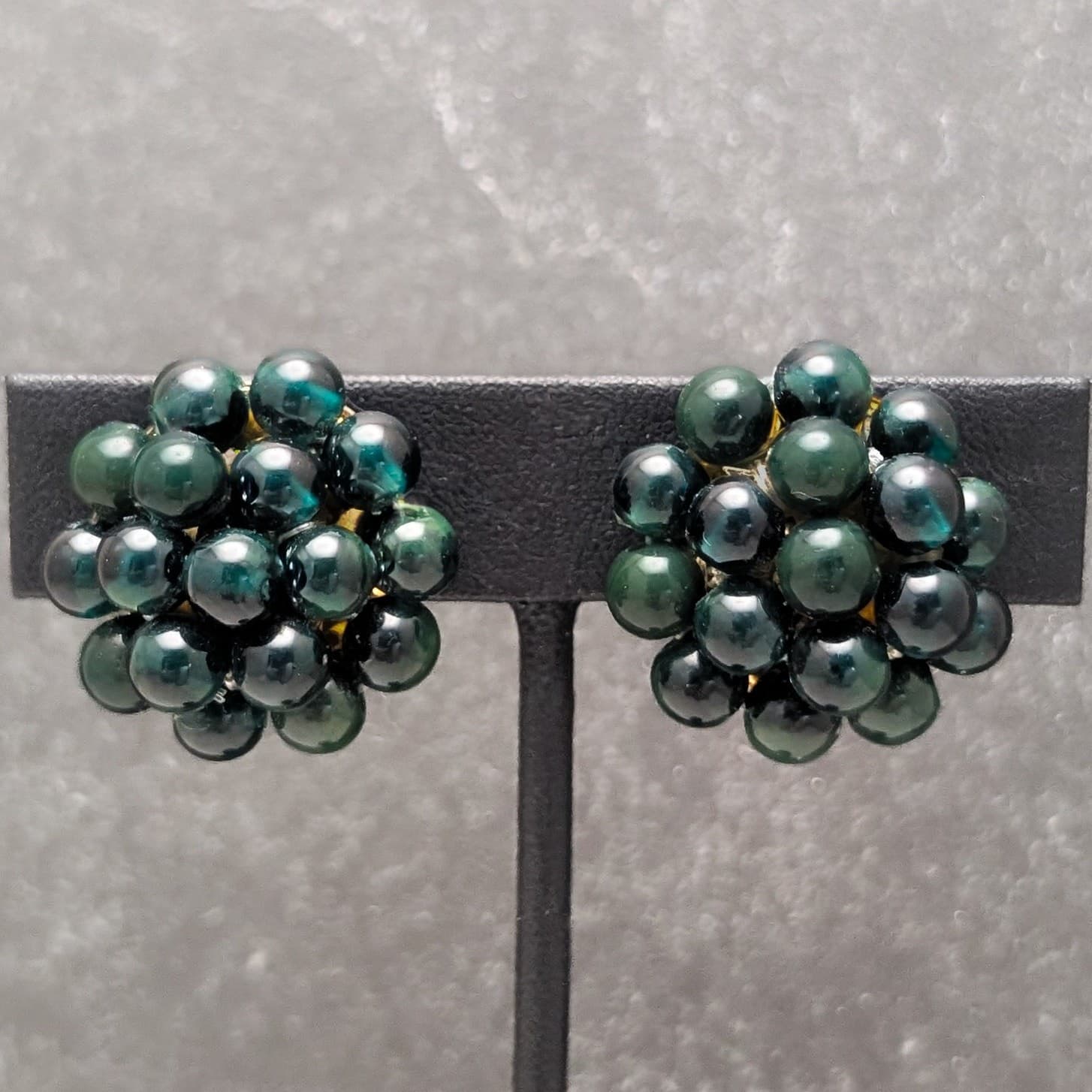 Vintage Clip On Earrings Stunning Dark Green Domed Cluster 1" Statement
