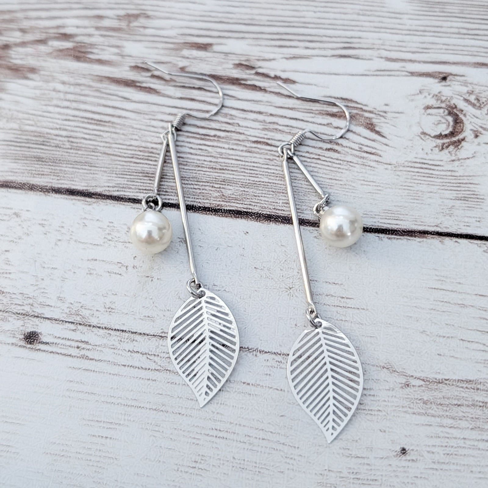 Vintage Dangle Earrings Faux Pearl & Leaf Long Dangle for Pierced Ears 925 Hooks