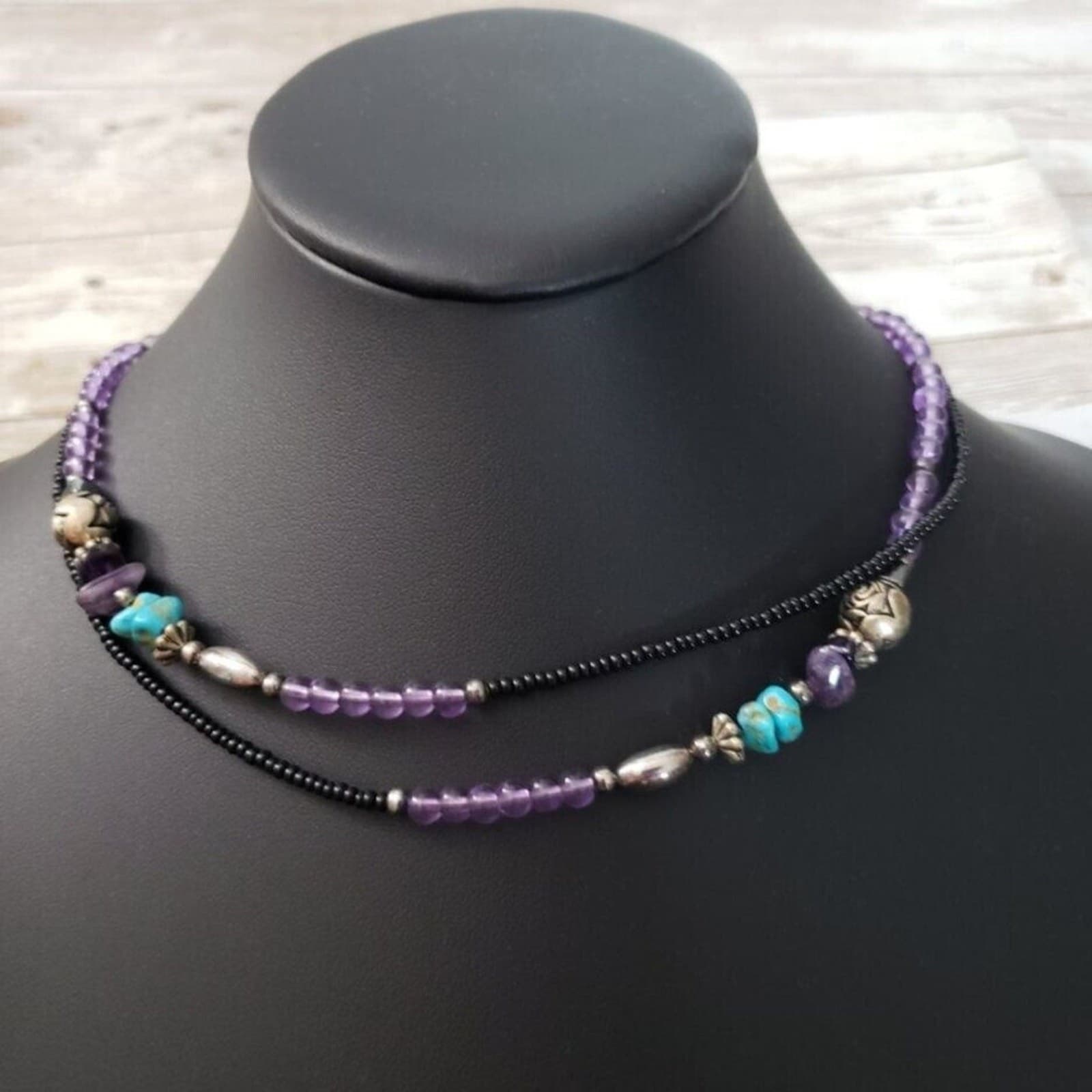 Vintage Necklace Beaded Purple, Blue, Black, Silver Tone (Can Be Layered)