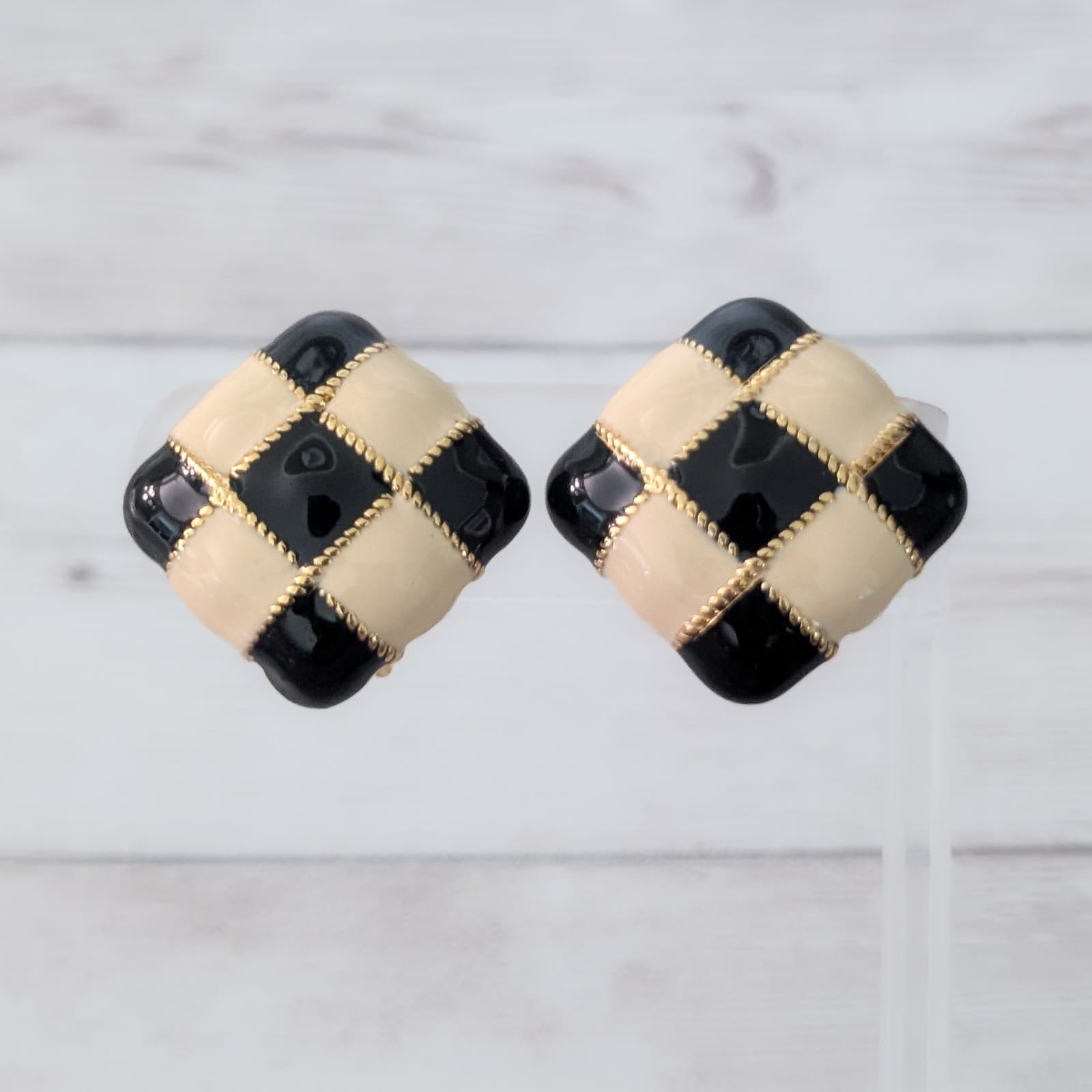 Vintage Clip On Earrings Black & Cream Checkerboard Enamel Statement