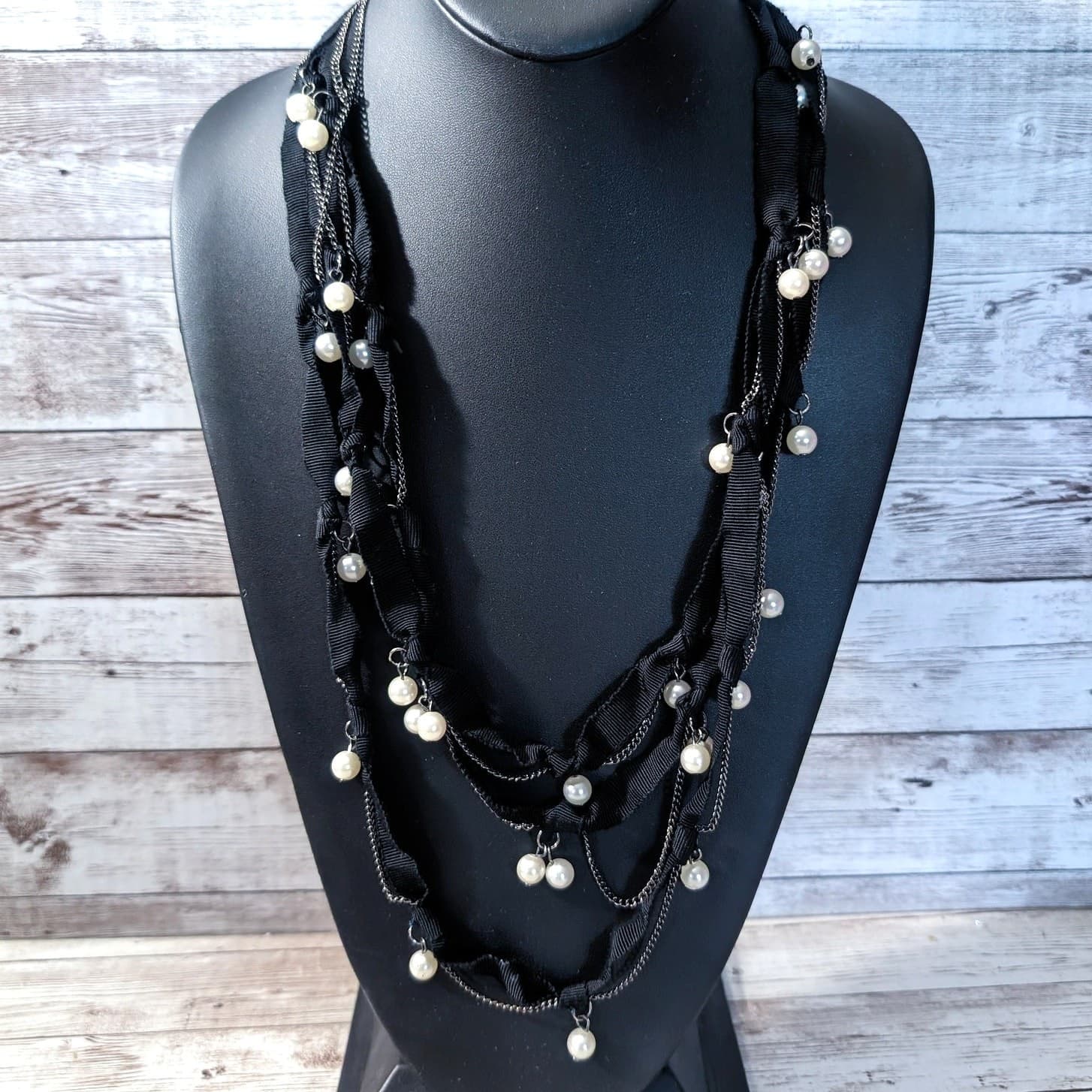 Vintage Statement Necklace Chain & Ribbon Black, Dark Metal, Faux Pearl Layered