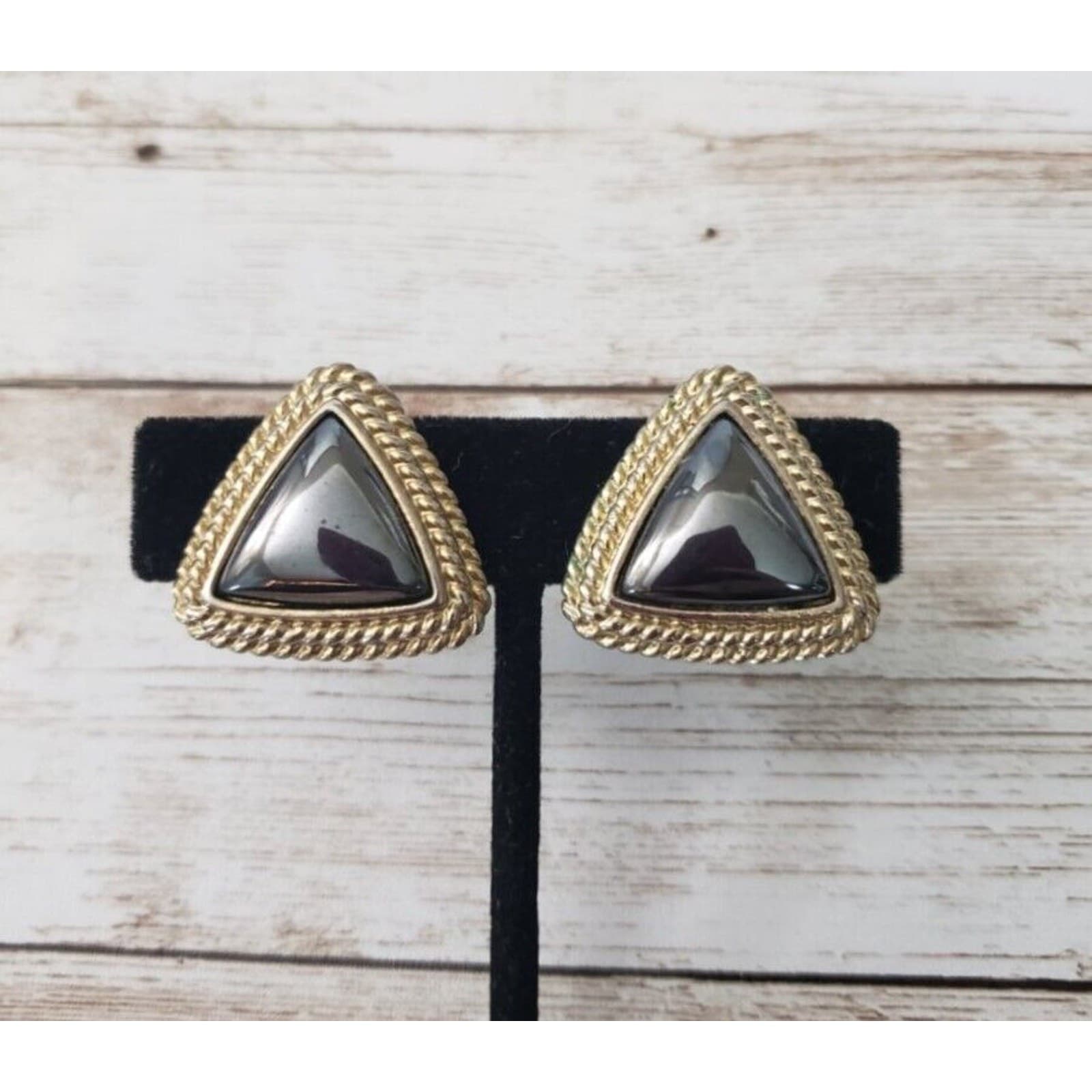 Vintage Clip On Earrings Metallic Triangle with Halo Statement Earrings