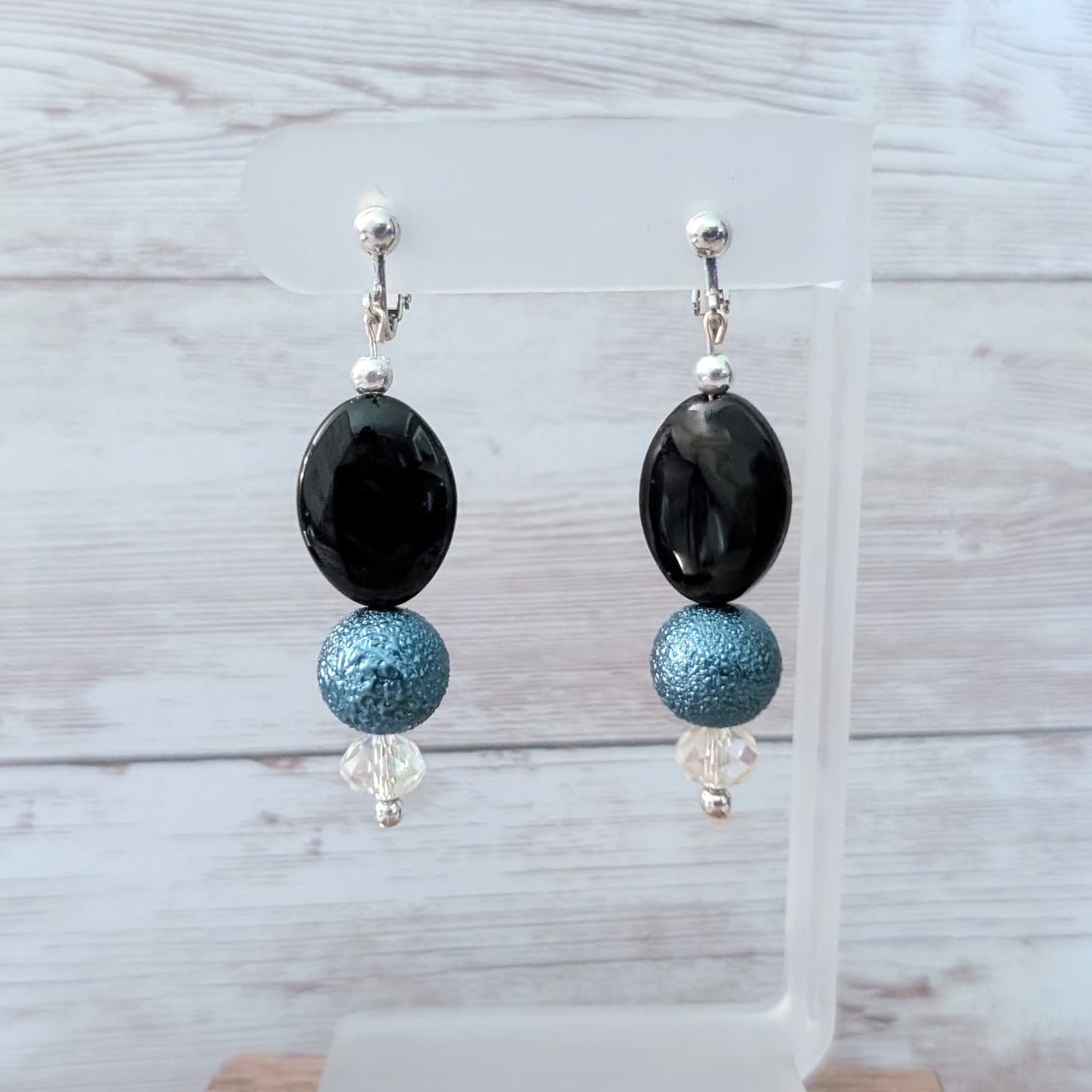 Vintage Clip On Earrings Statement Black, Blue, Clear 2.25" Dangle