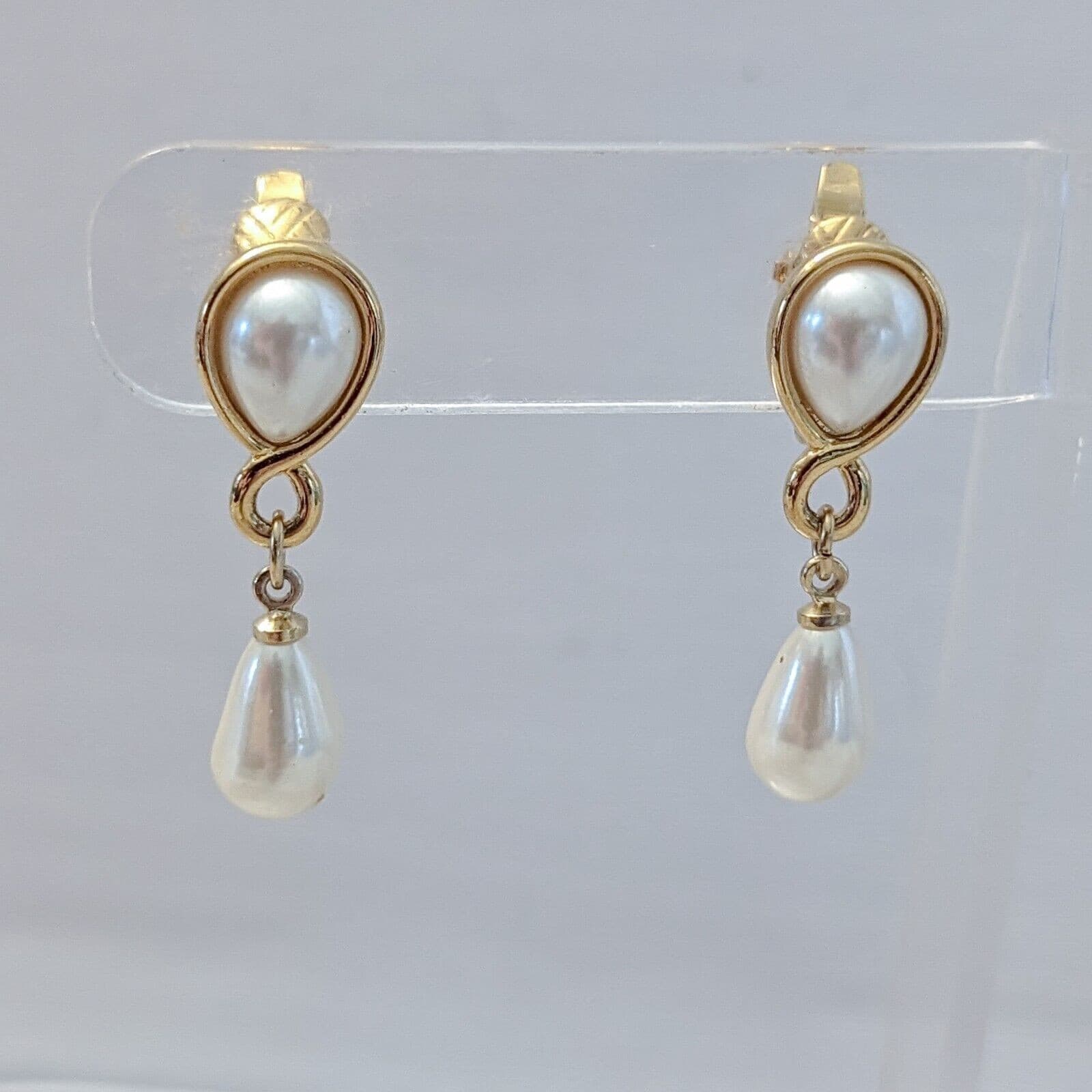 Vintage Marvella Clip On Earrings - Fancy Faux Pearl & Gold Tone Dangle