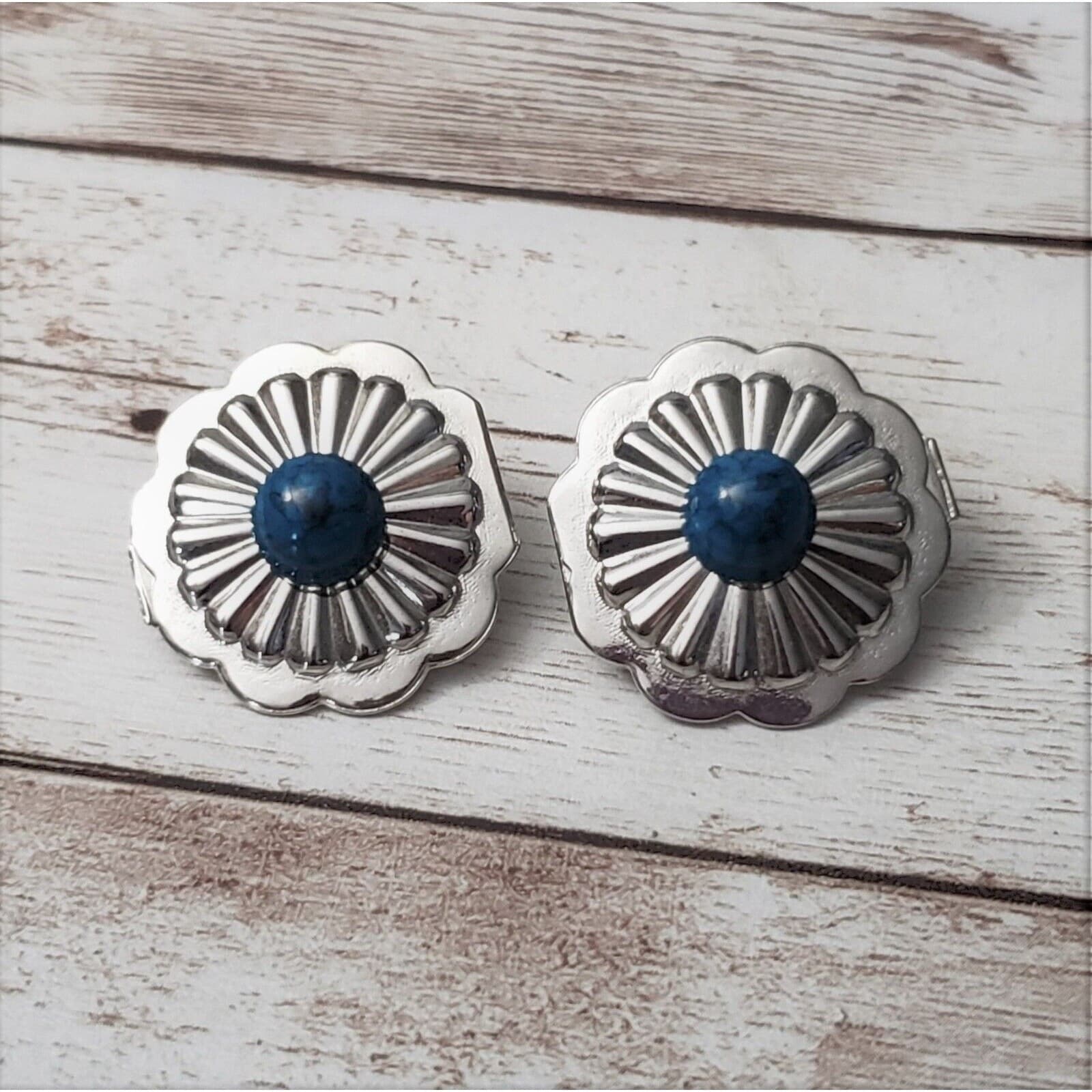 Vintage Clip On Earrings Pretty Silver Tone with Blue Center 1"