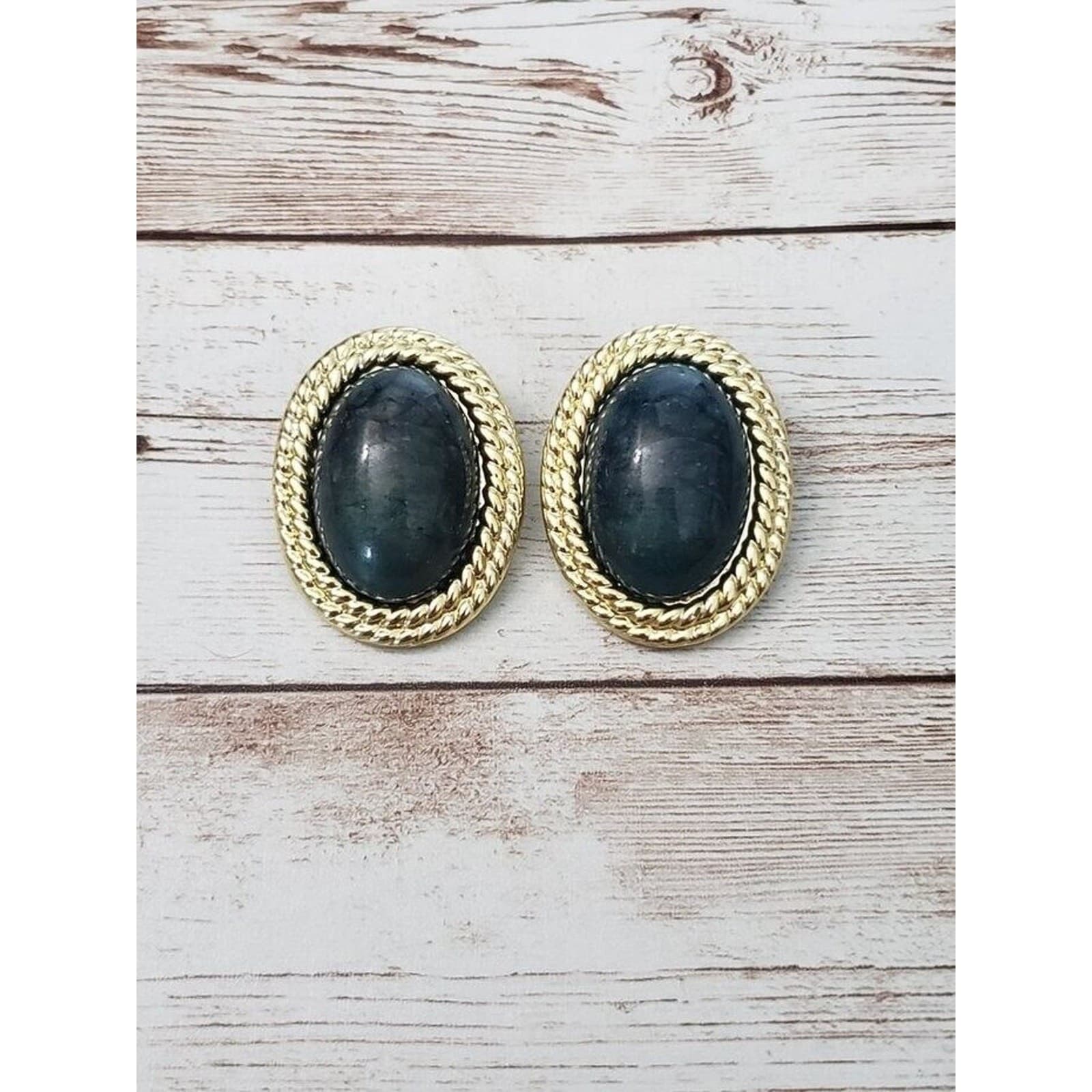 Vintage Clip On Earrings Large Statement Dark Oval with Gold Tone Halo 1.5"