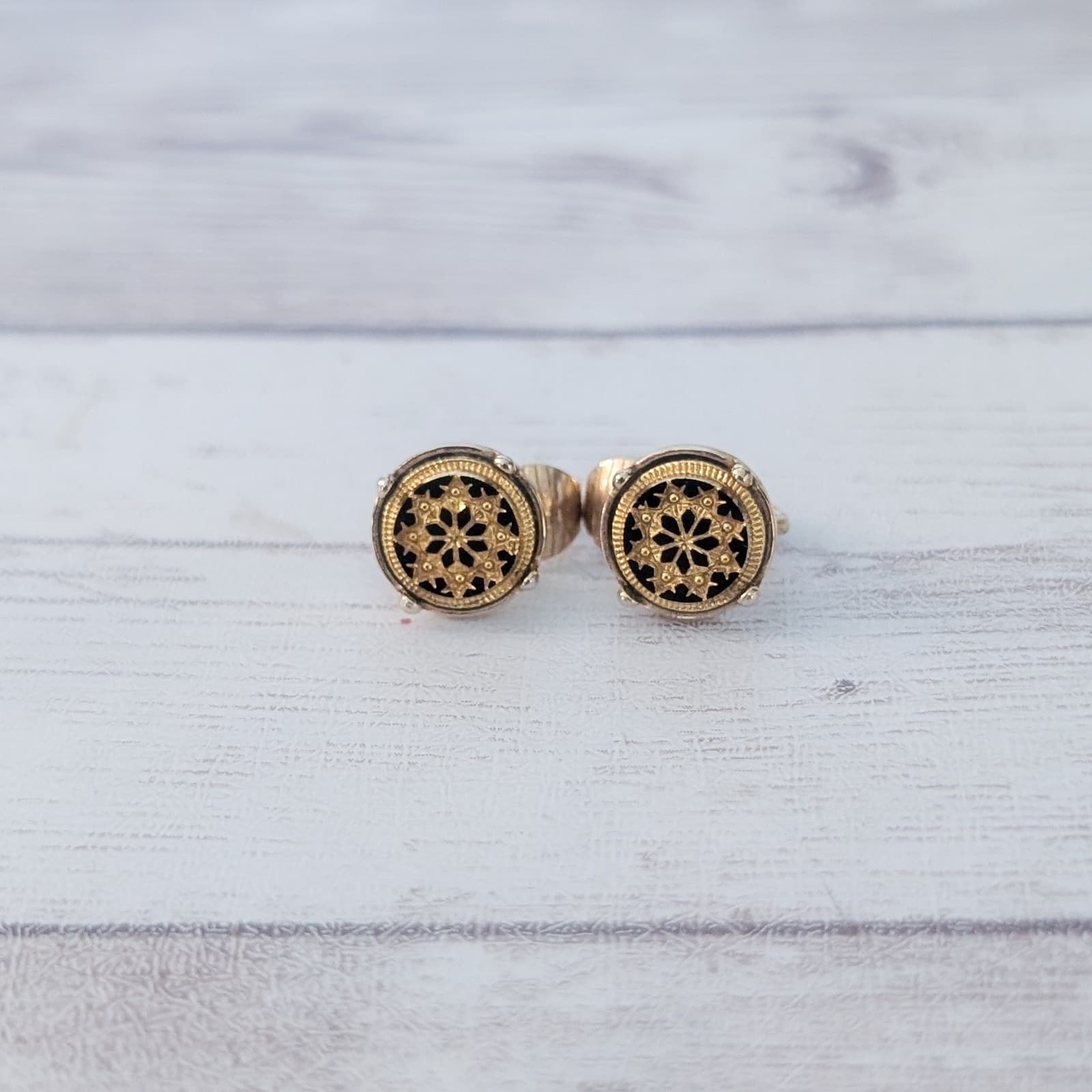 Vintage Avon Clip On Earrings Dainty Black & Gold Tone Stunning 5/8"