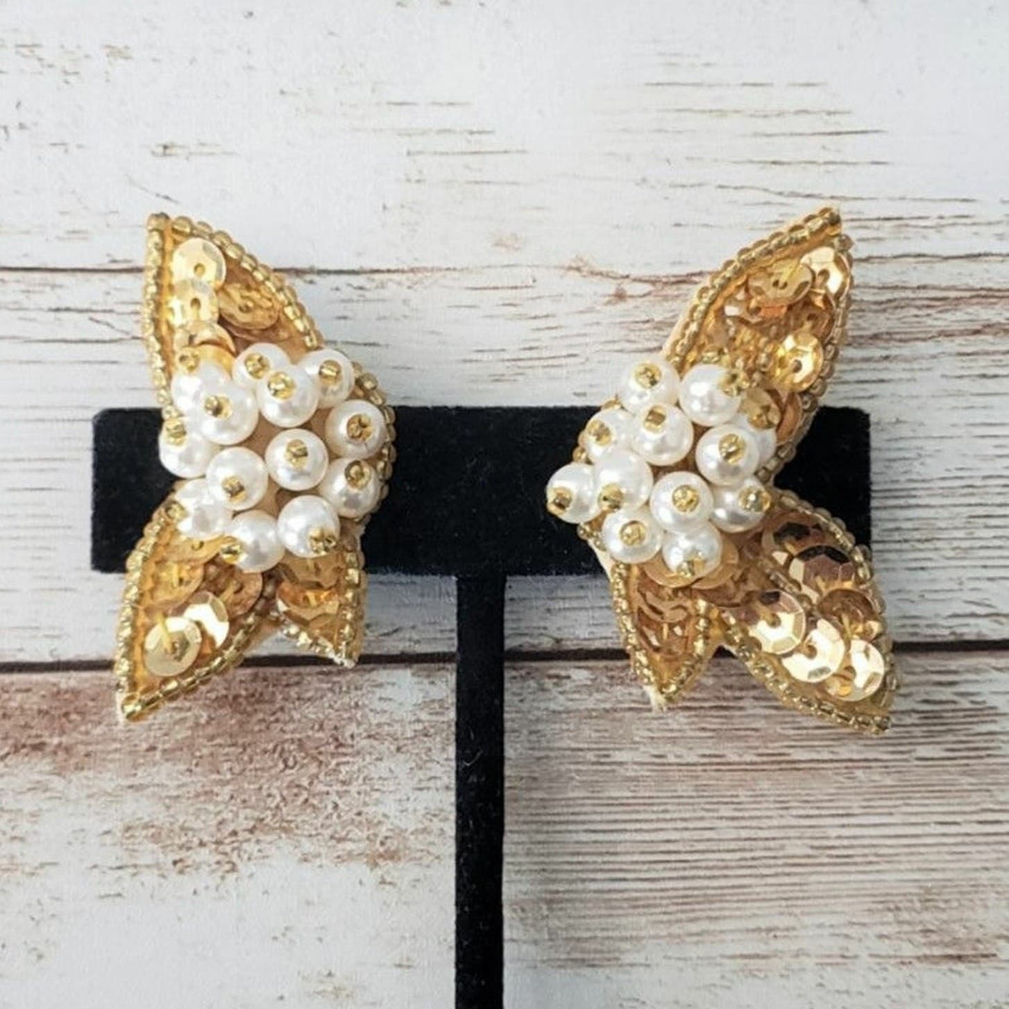 Vintage Clip On Earrings 1.75" Gold Tone Sequins/Beads & Faux Pearl Statement