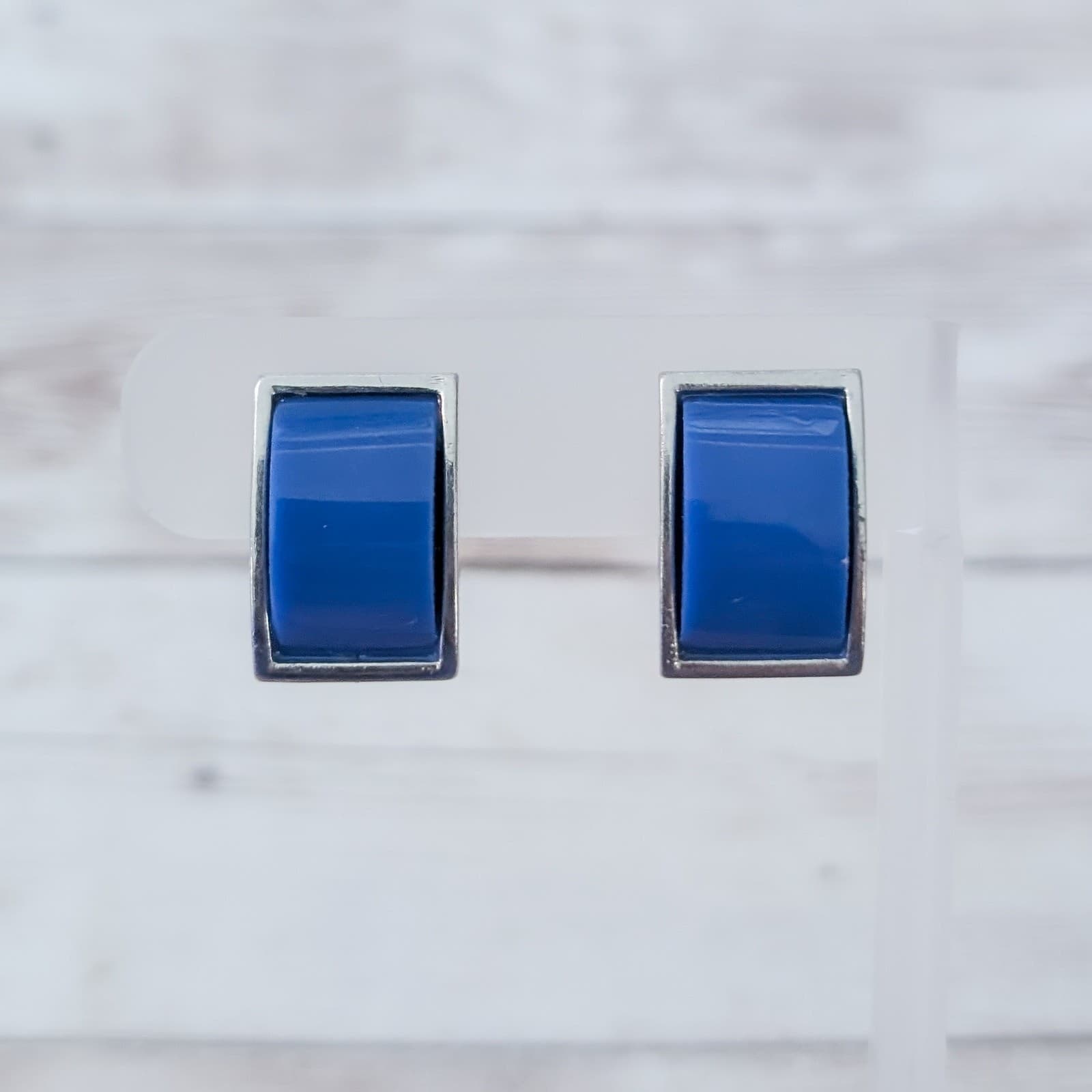 Vintage Clip On Earrings Blue Curved Rectangle with Silver Tone Halo 7/8"