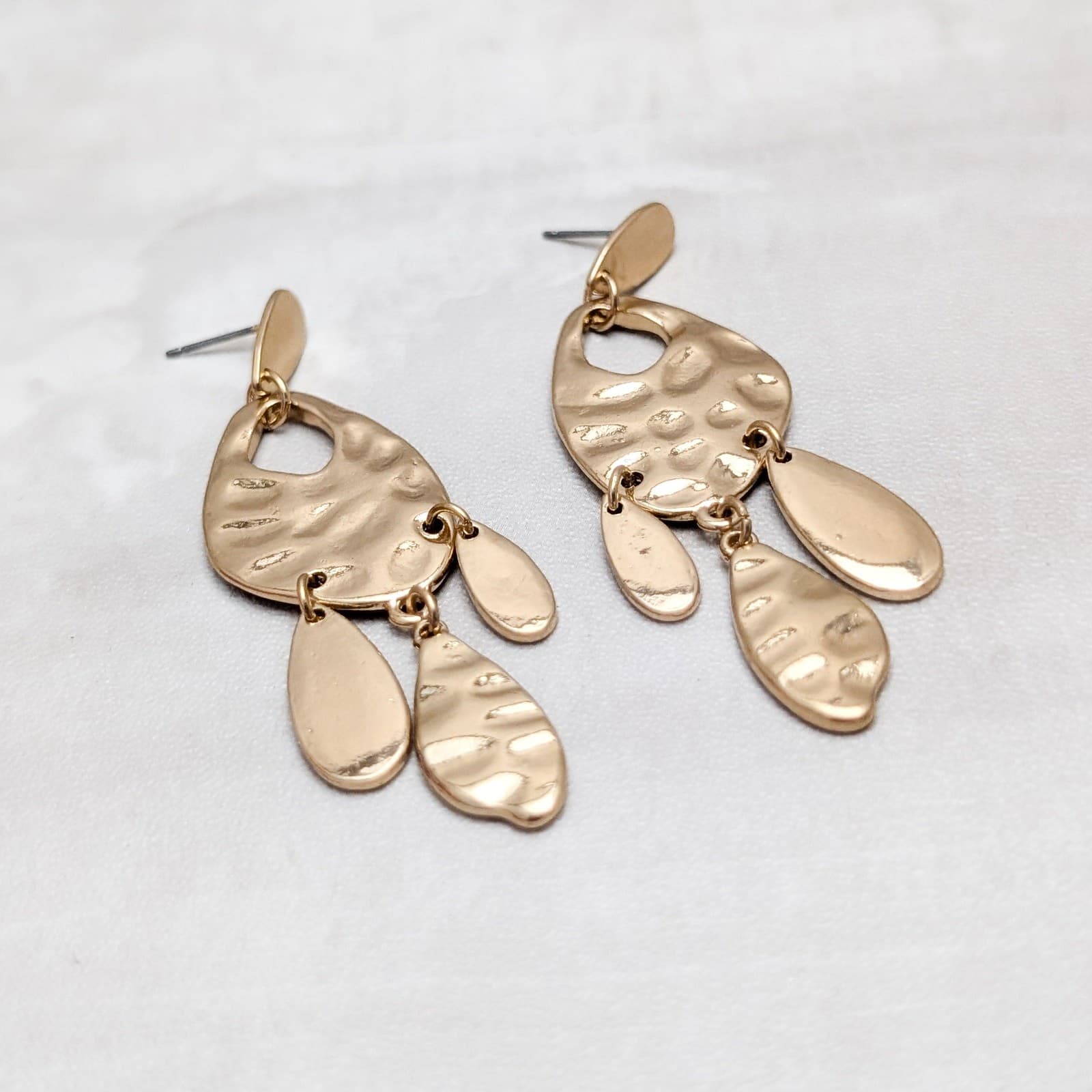 Vintage Stud Earrings Large Hammered Pattered Gold Tone Statement Dangle Drop
