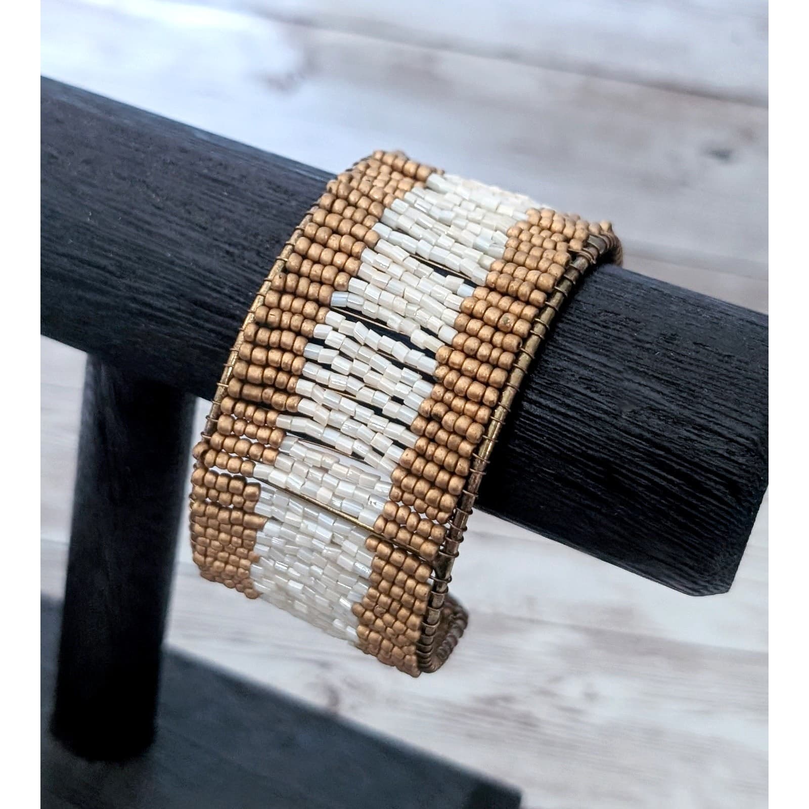 Vintage Cuff Bracelet Chunky Wide Off White & Bronzy Gold Tone Beads