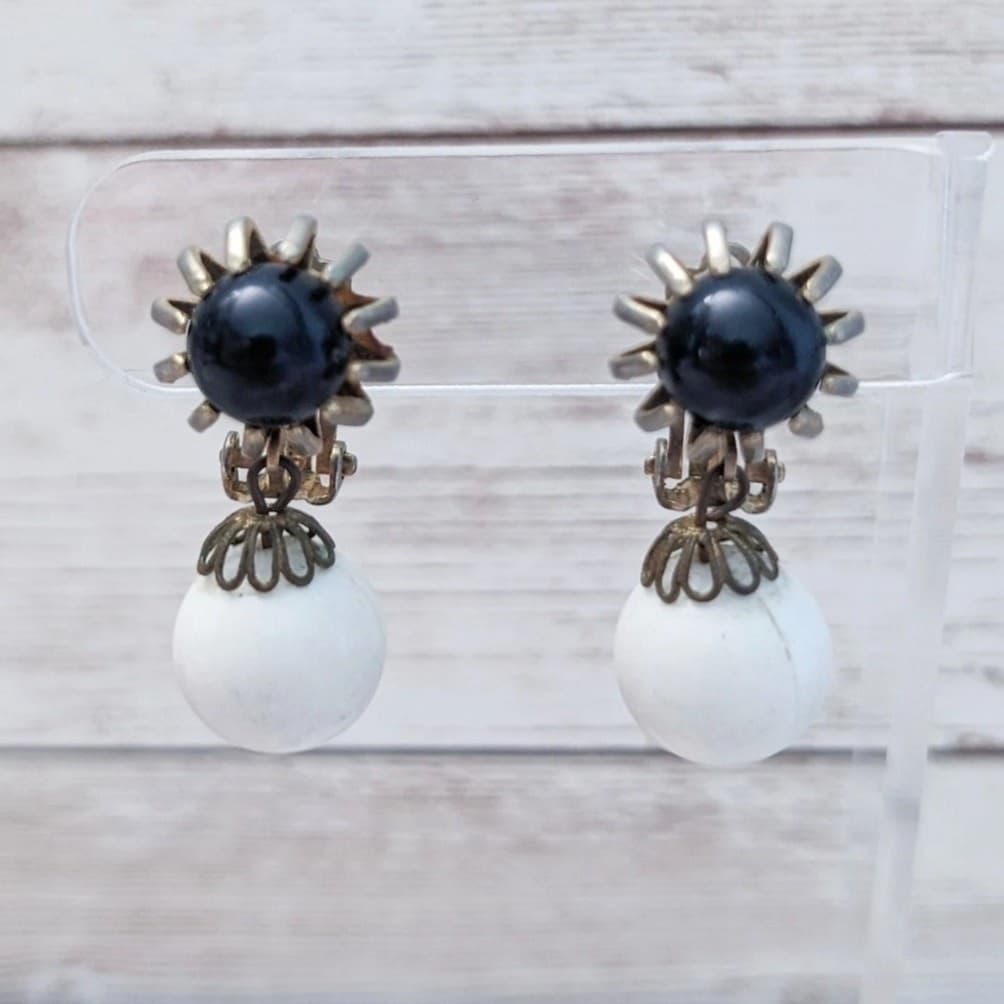 Vintage Clip On Earrings Large Chunky Black and Off White Dangle