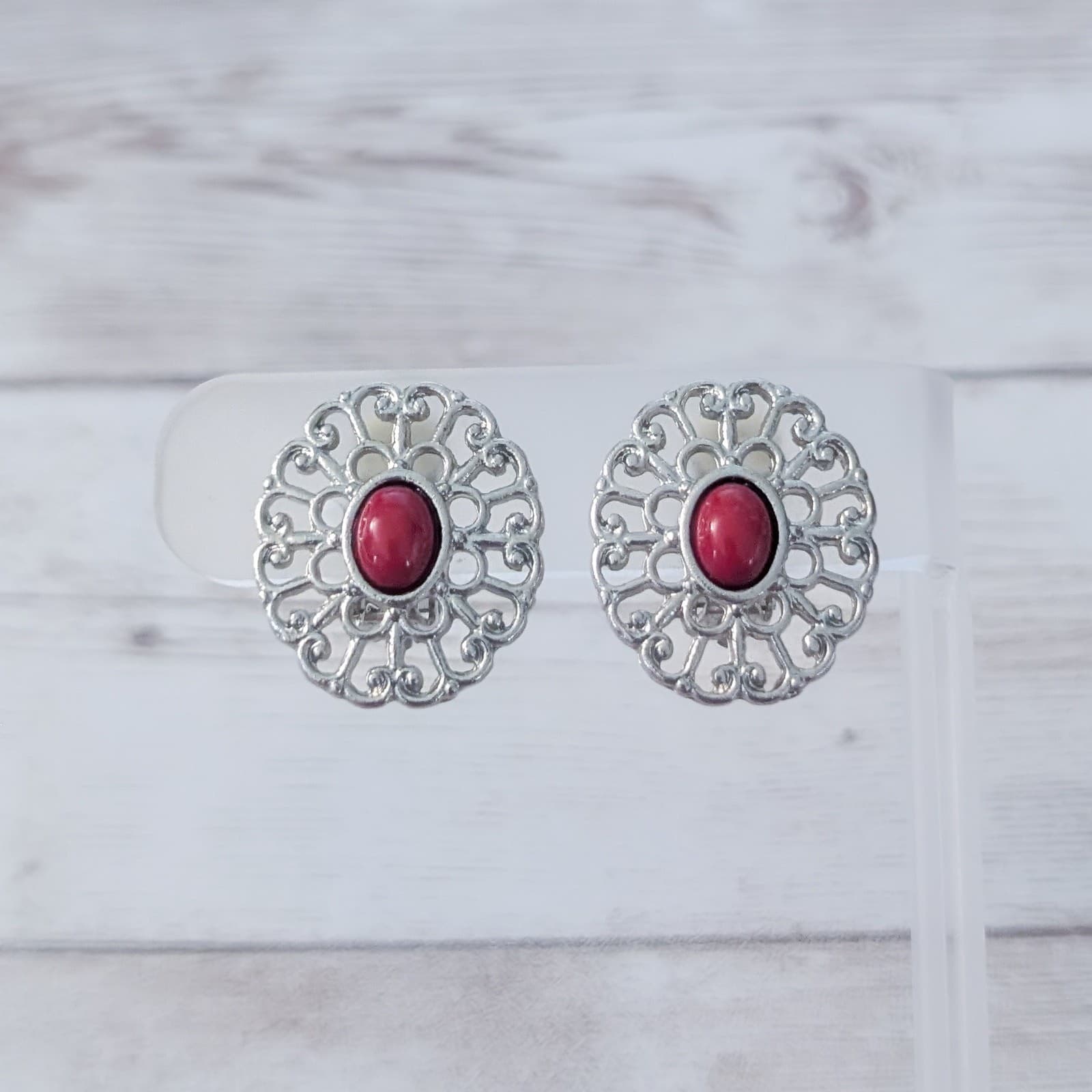 Vintage Clip On Earrings Ornate Silver Tone Halo with Red Center Large