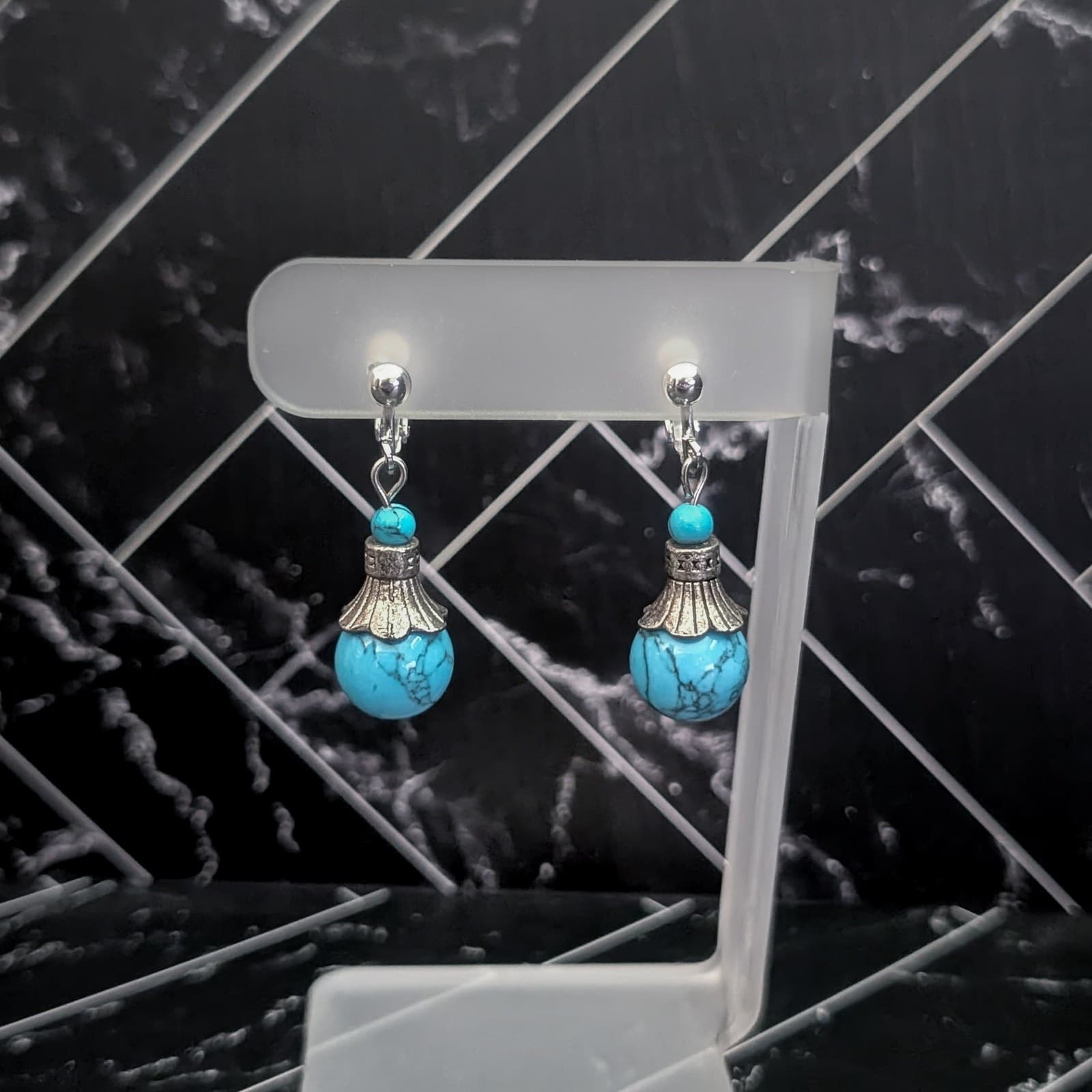 Vintage Clip On Earrings Silver Tone & Turquoise Tone Dangle Ball - Statement