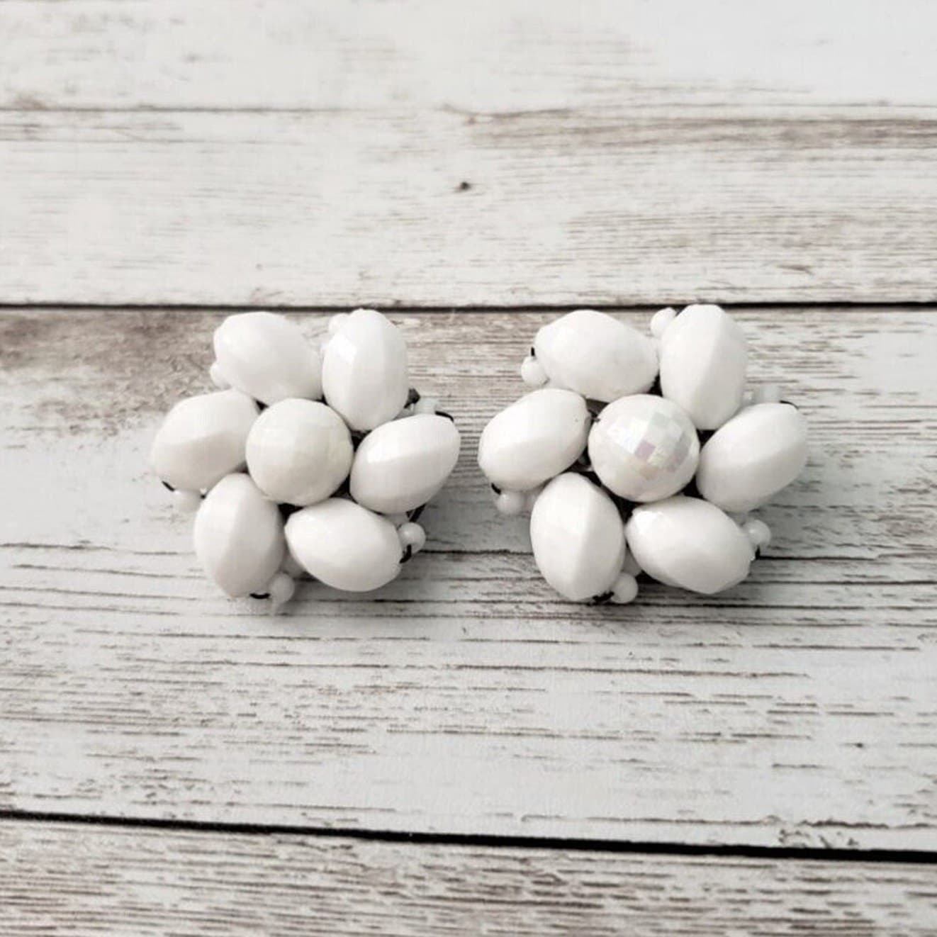 Vintage Clip On Earrings - Retro Statement White Flower Shape 1 & 1/8"