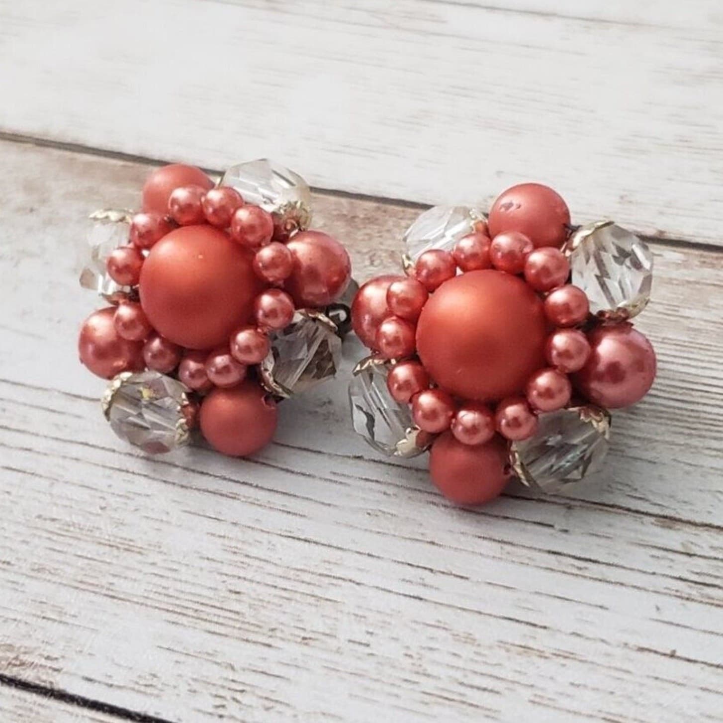 Vintage Clip On Earrings - Light Red & Clear Beaded Cluster Style 7/8"