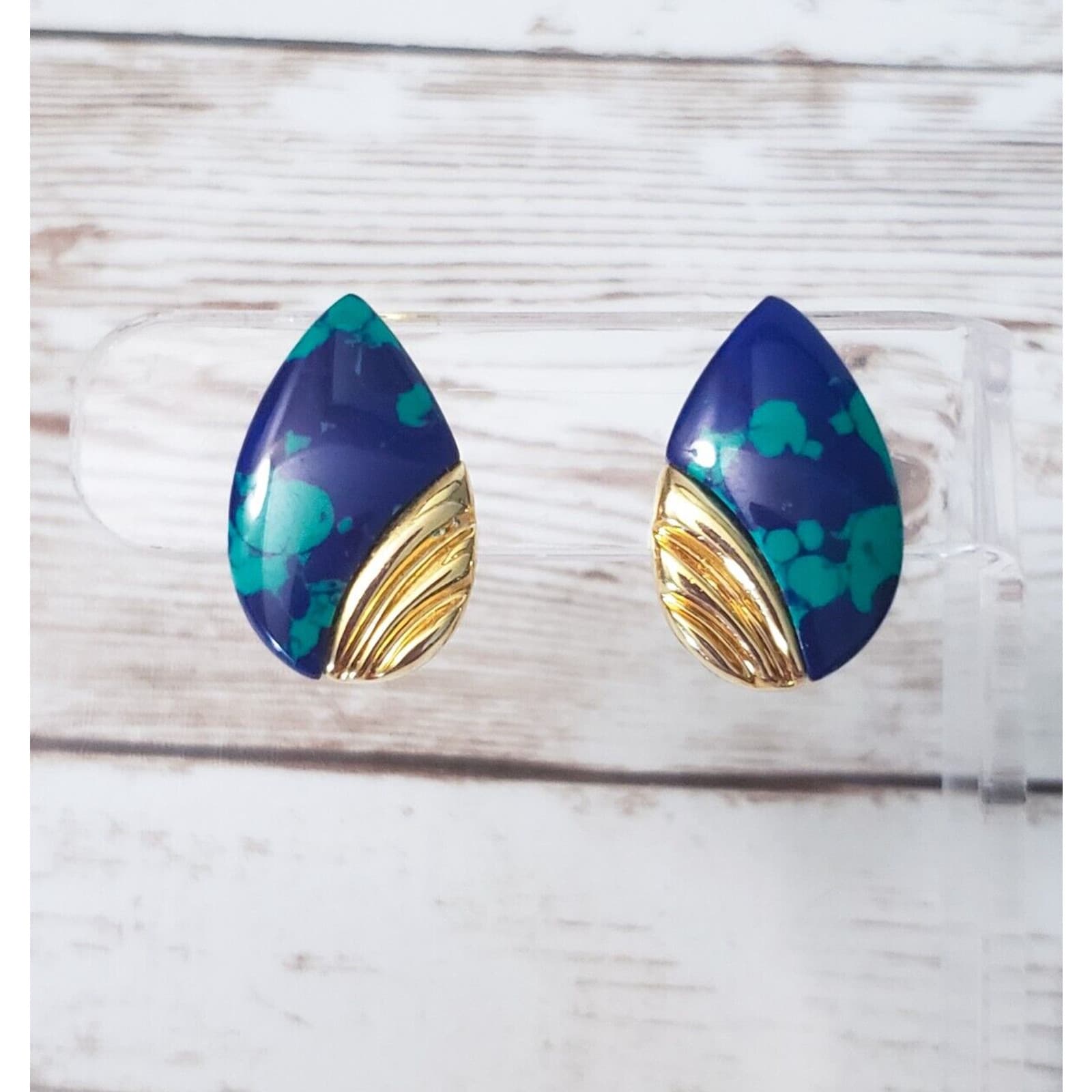 Vintage Clip On Earrings - Blue, Green, Gold Tone Teardrop Shape
