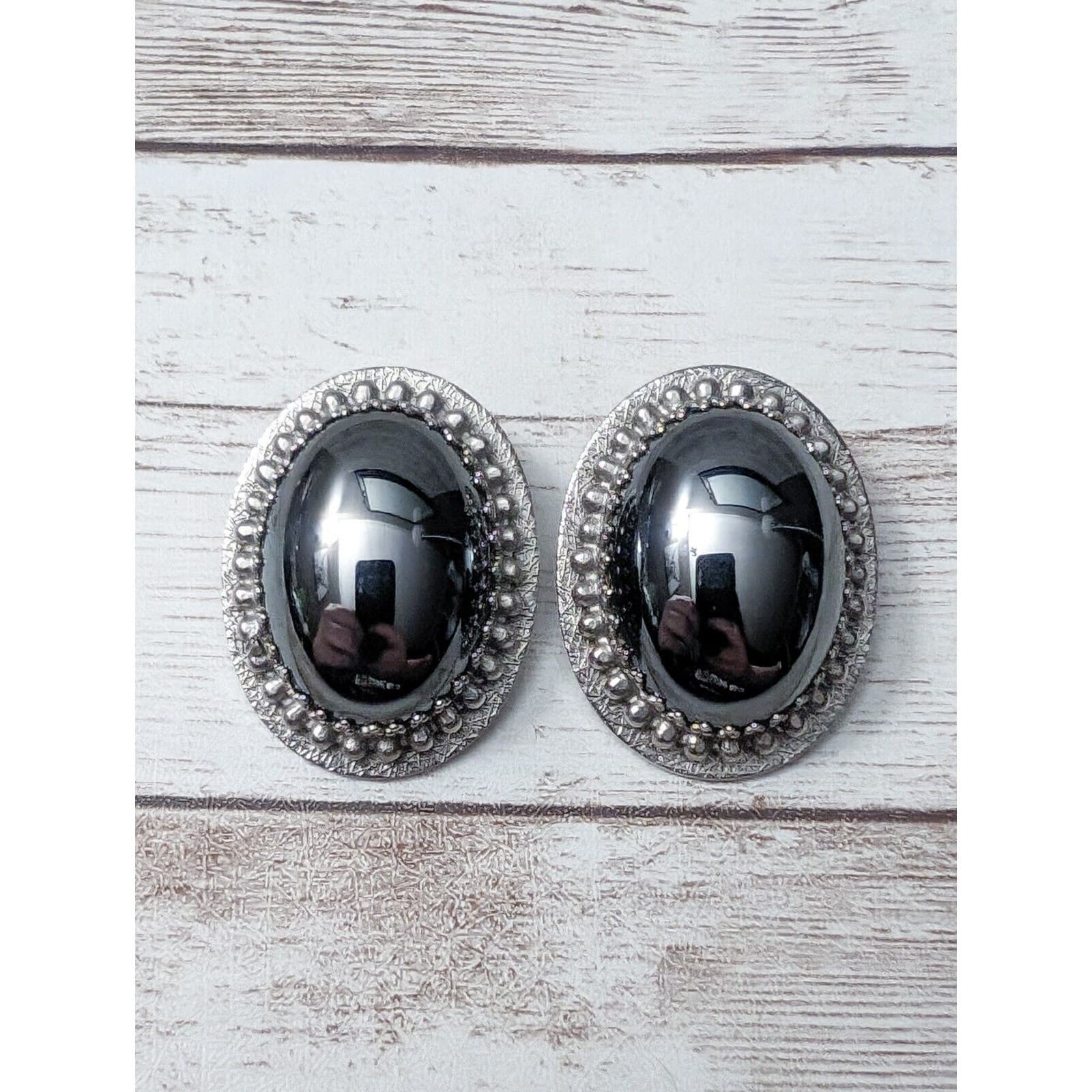 Vintage Whiting & Davis Co Clip On Earrings Silver Tone & Dark Silver Tone Oval