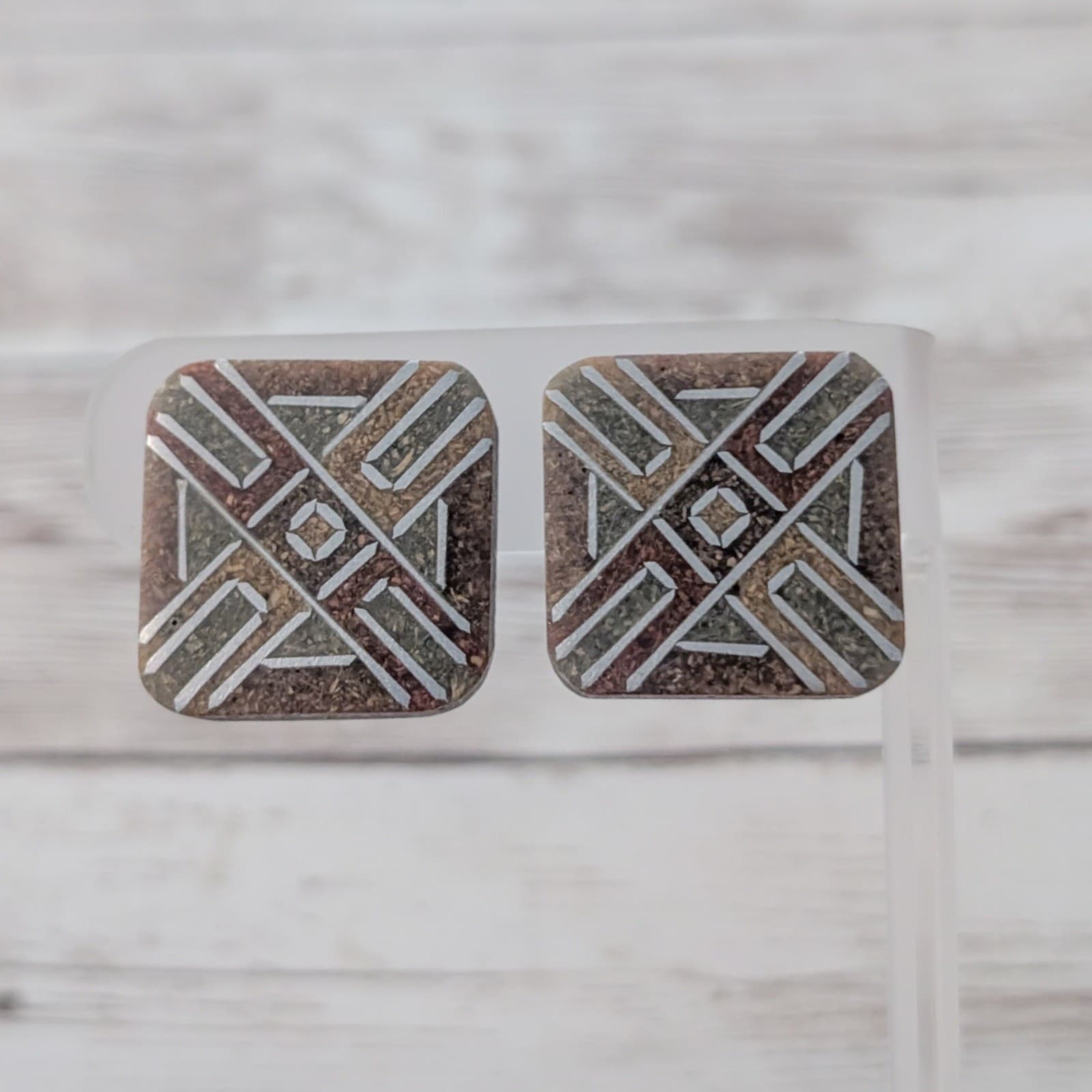 Vintage Clip On Earrings Retro Unusual Patterned Square Statement