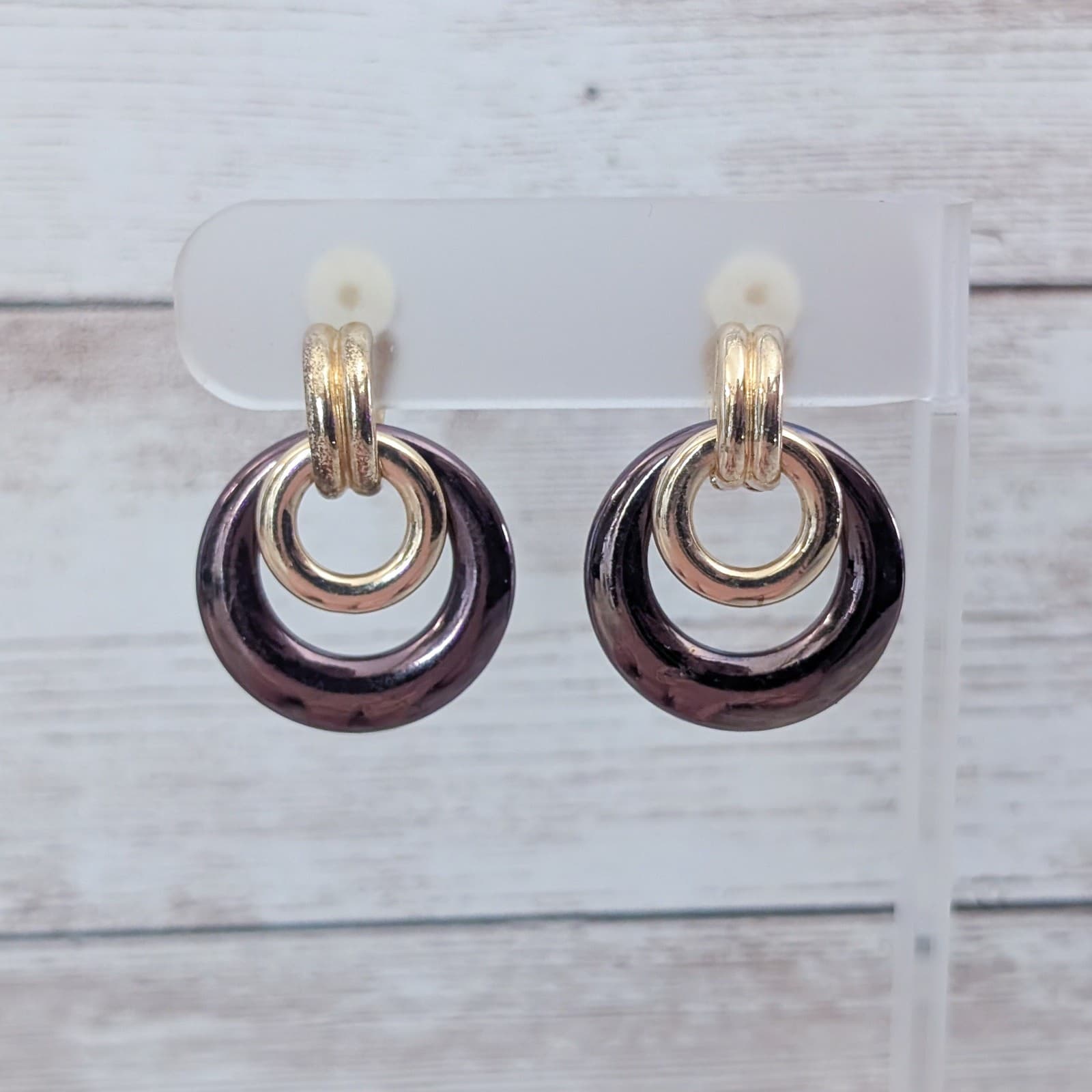 Vintage Clip On Earrings Metallic Brown & Gold Tone Circles