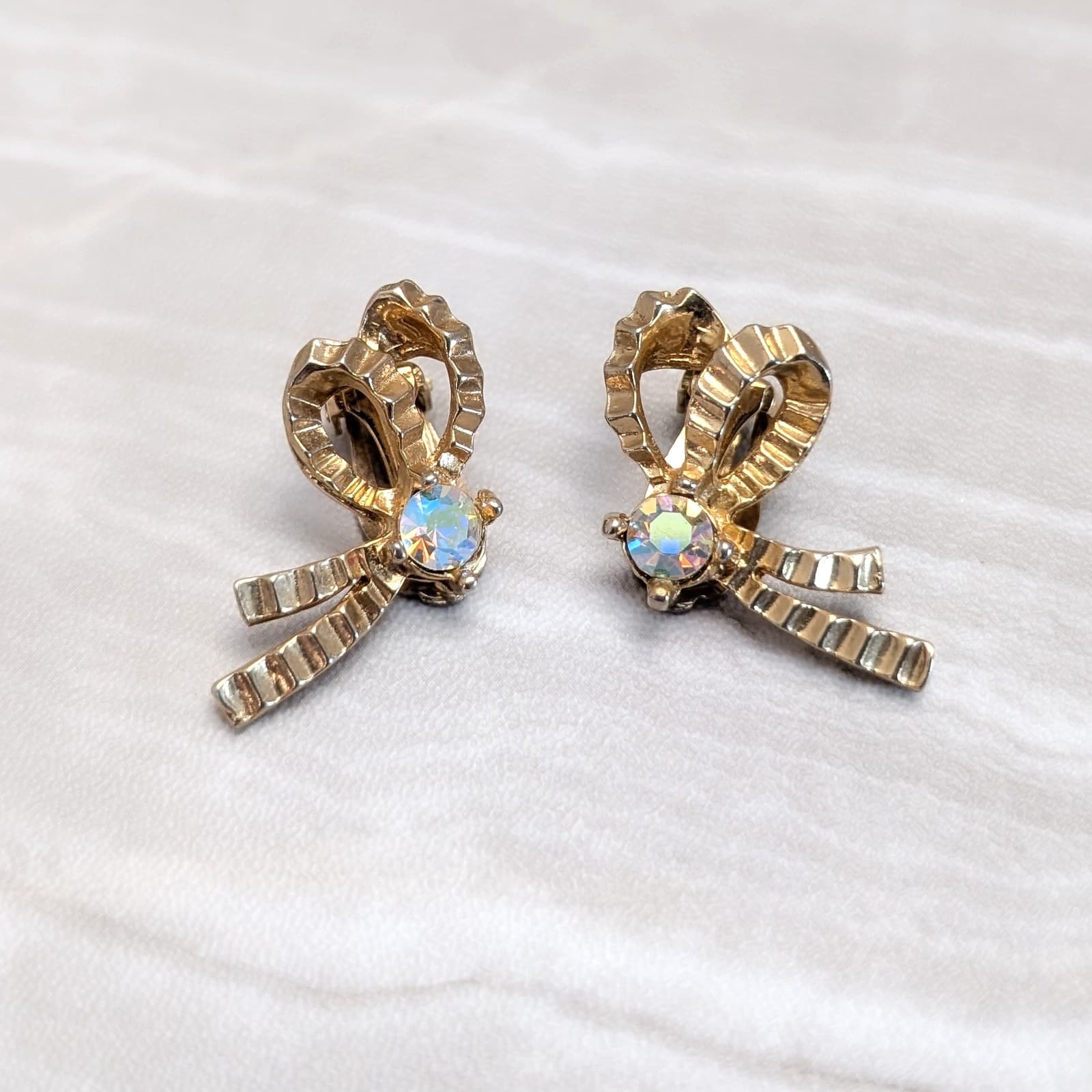 Vintage Clip On Earrings Gold Tone Bow with Aurora Borealis Gem