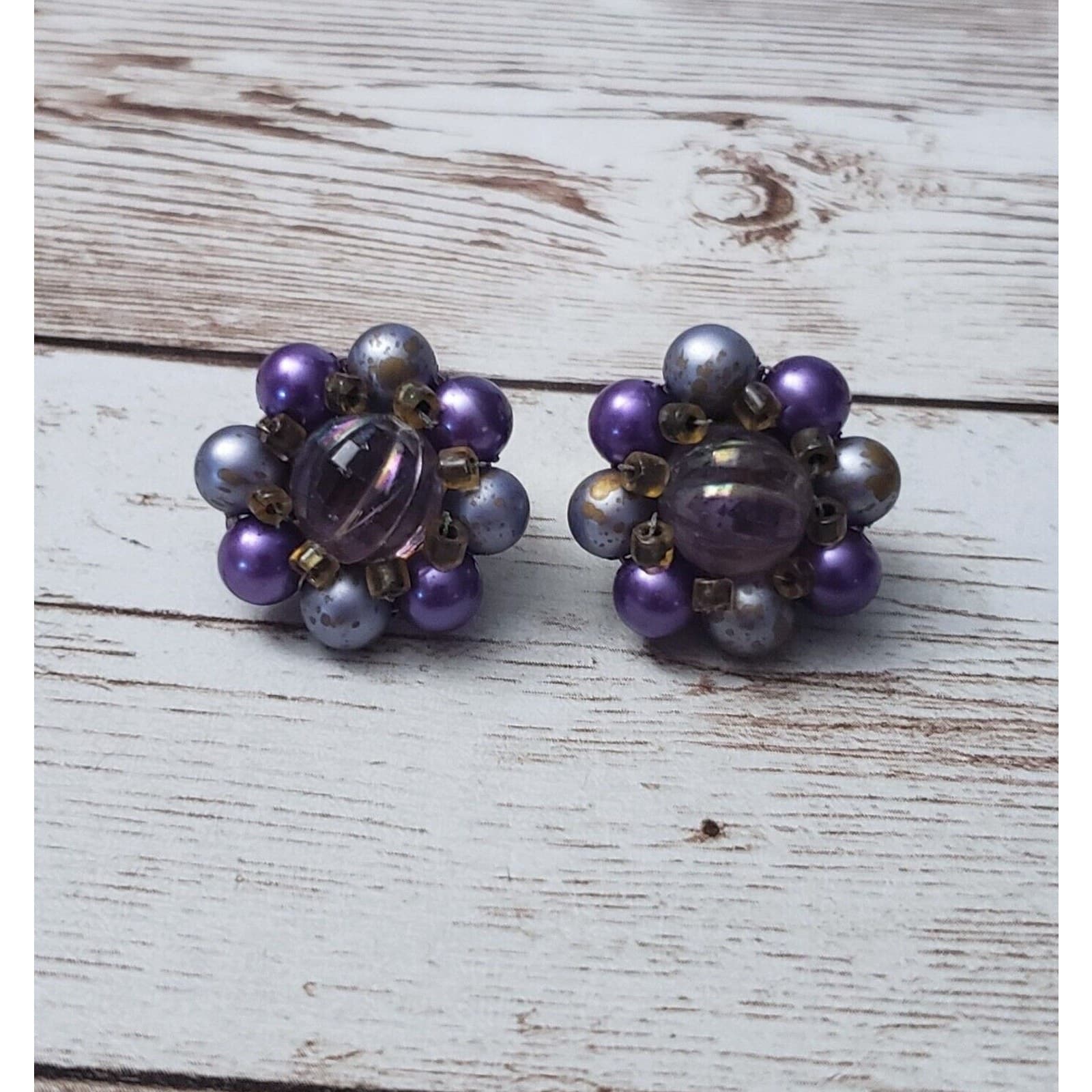 Vintage Clip On Earrings - Violet, Blue & Bronze Tone Cluster