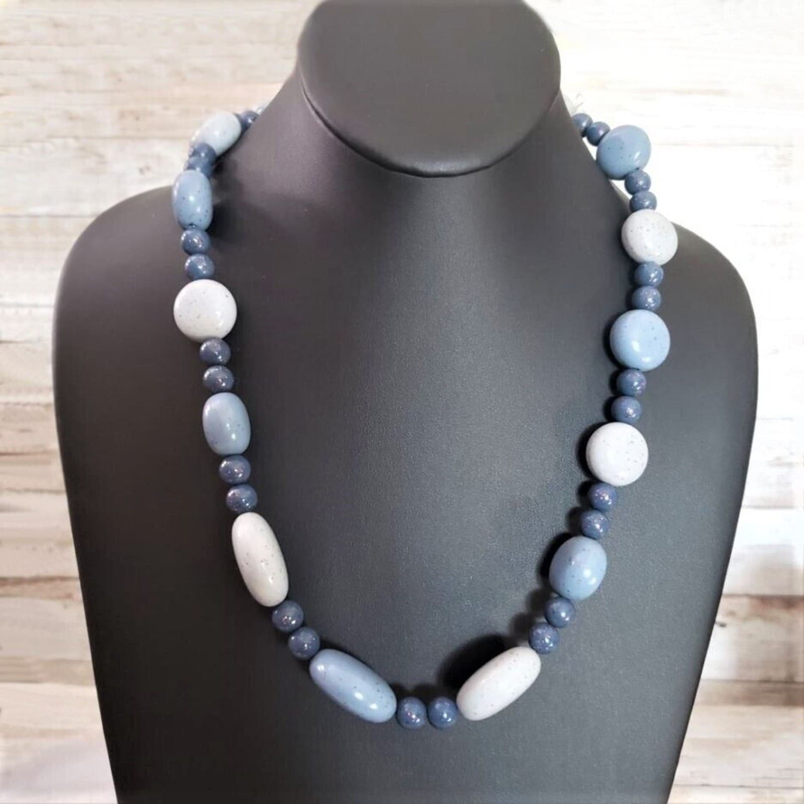 Vintage Necklace - Statement Chunky Round Shades of Blue Beaded Necklace