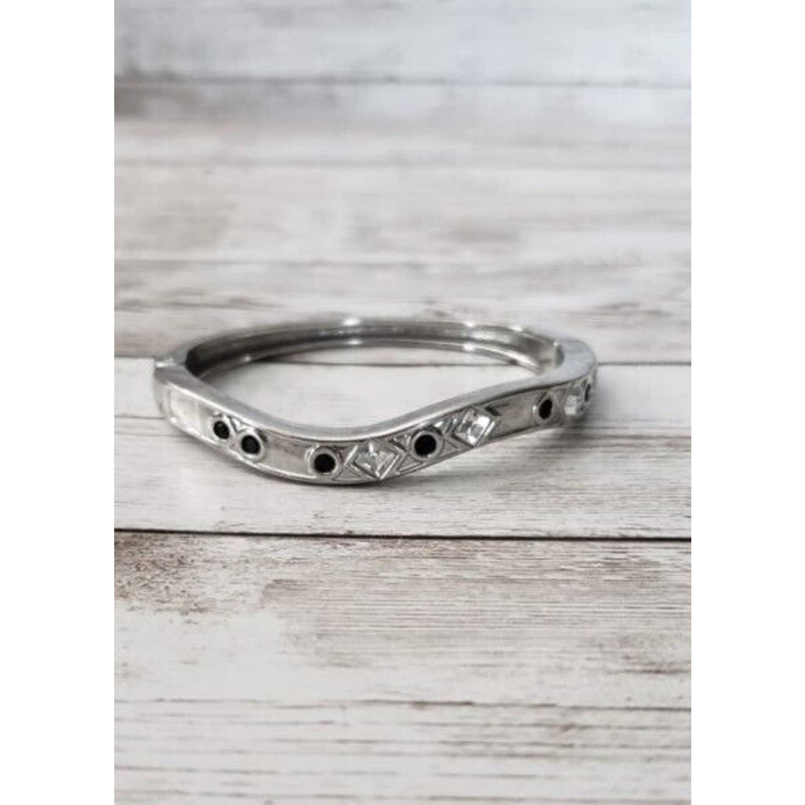 Vintage Bracelet / Bangle Hinged Silver Tone Wavy, Clear & Black Gems
