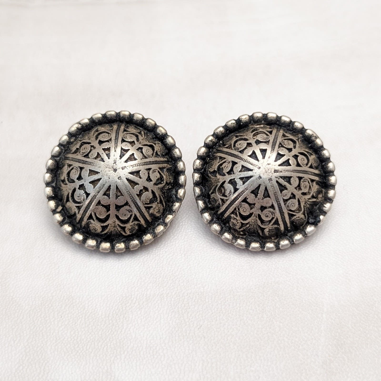 Vintage Clip On Earrings Large Domed Patterned Metallic Tone 1.25" Statement