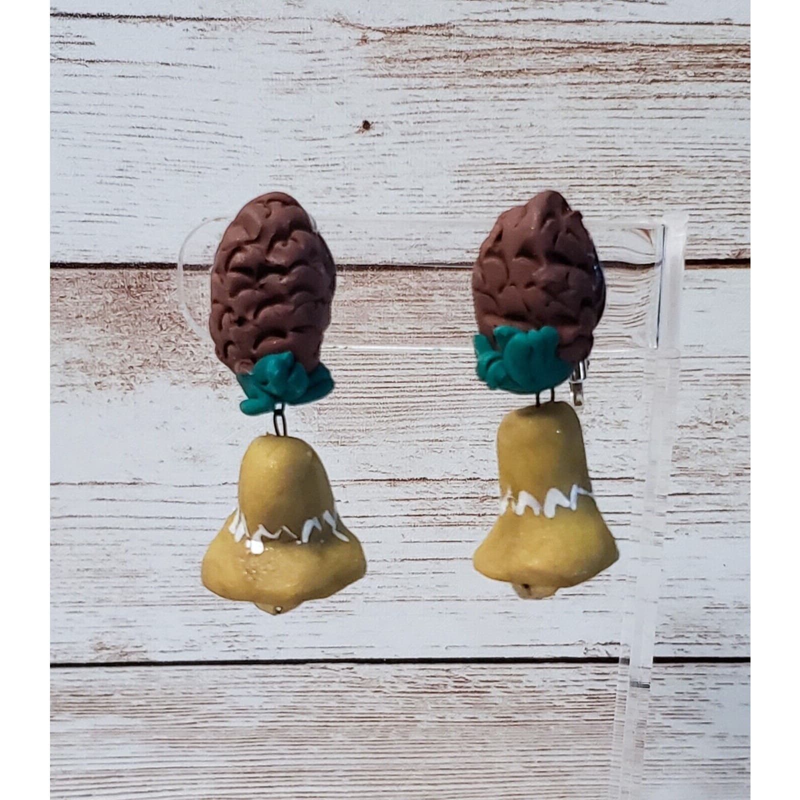 Vintage Clip On Earrings - Very Unusual Bell Dangle Green & Brown
