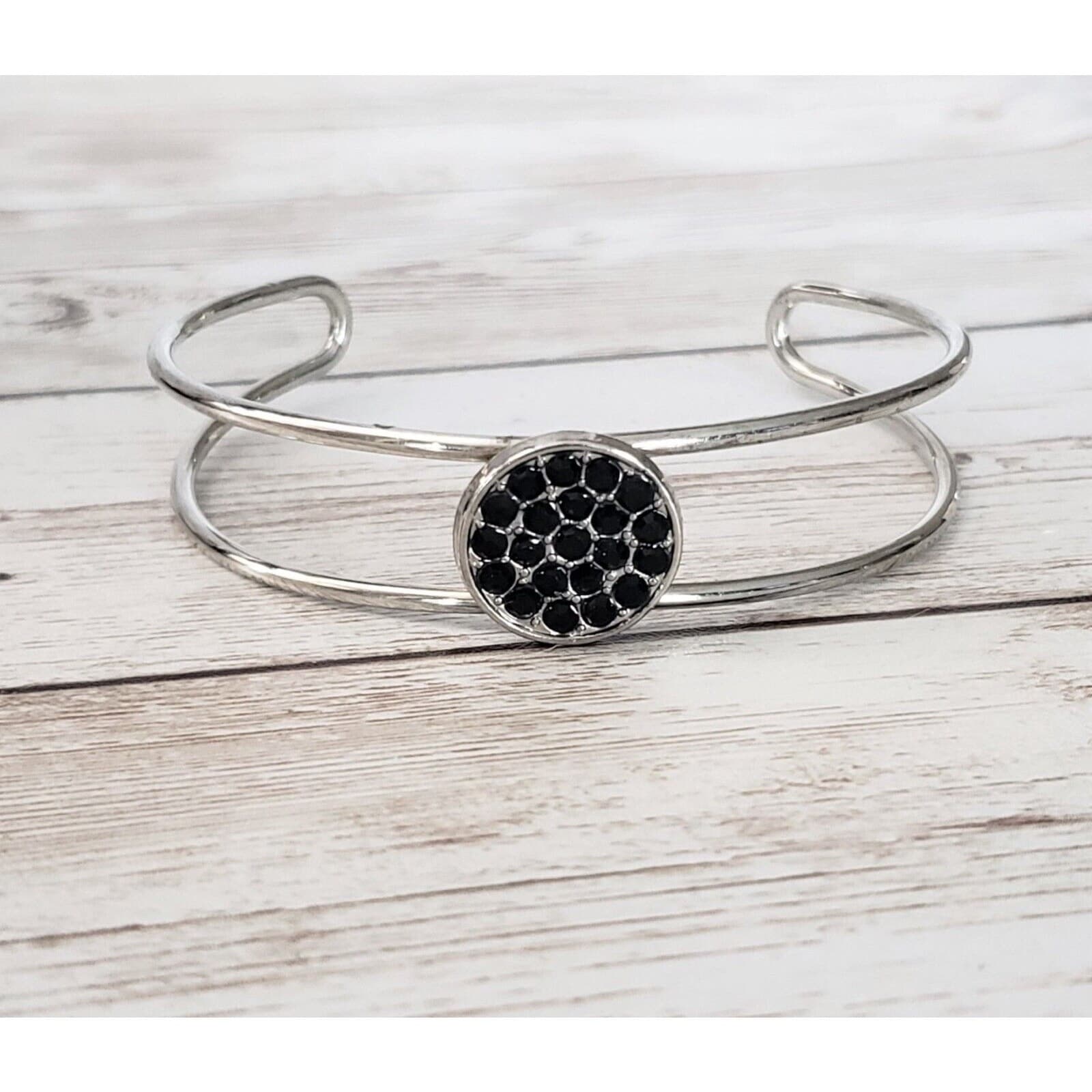 Vintage Bracelet / Bangle - Silver Tone with Circle Design & Inlayed Black Gems