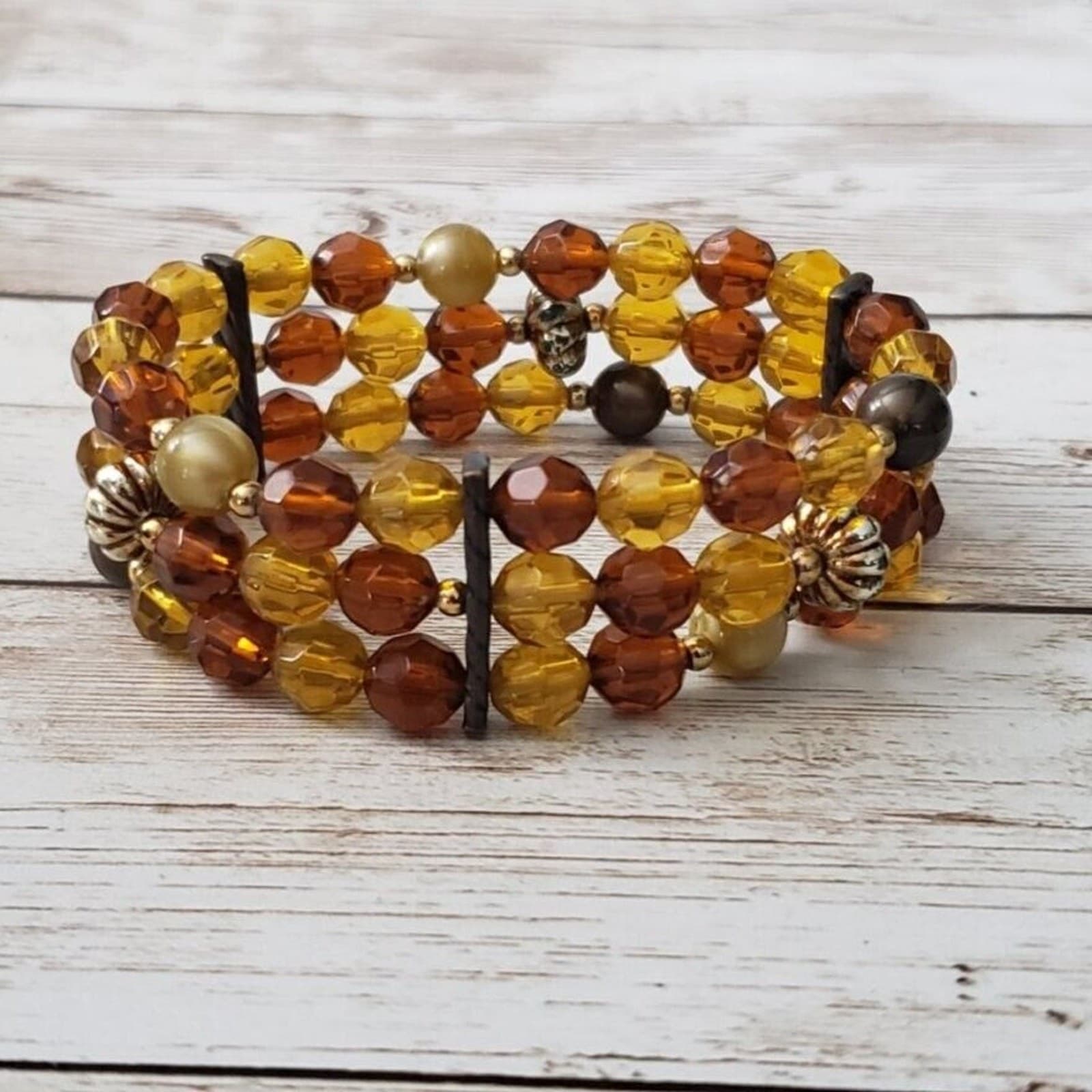 Vintage Stretch Bracelet Brown & Amber Tones Three Strand