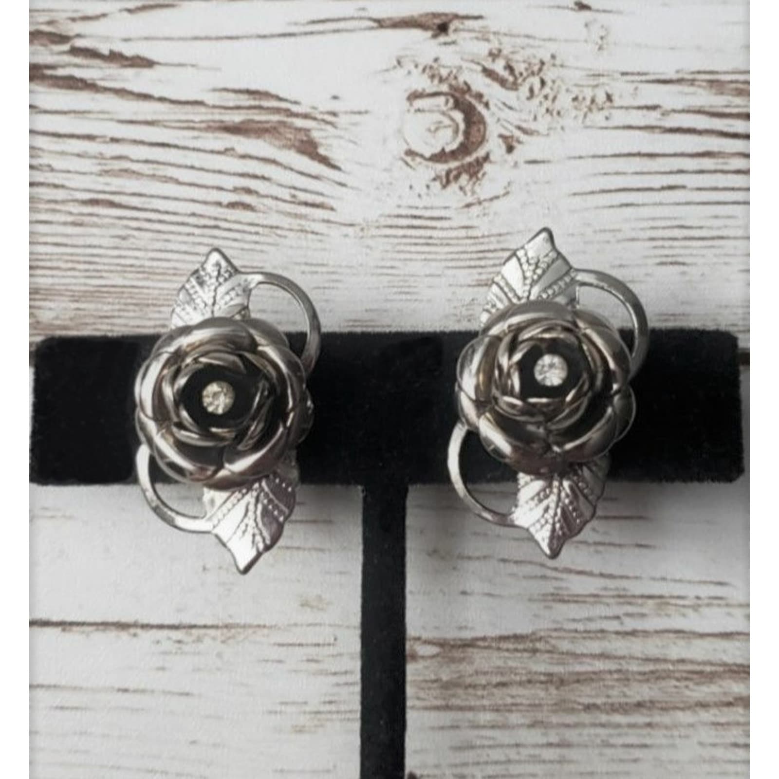 Vintage Screw On / Screw Back Earrings Fancy Rose & Leaves with Clear Gem