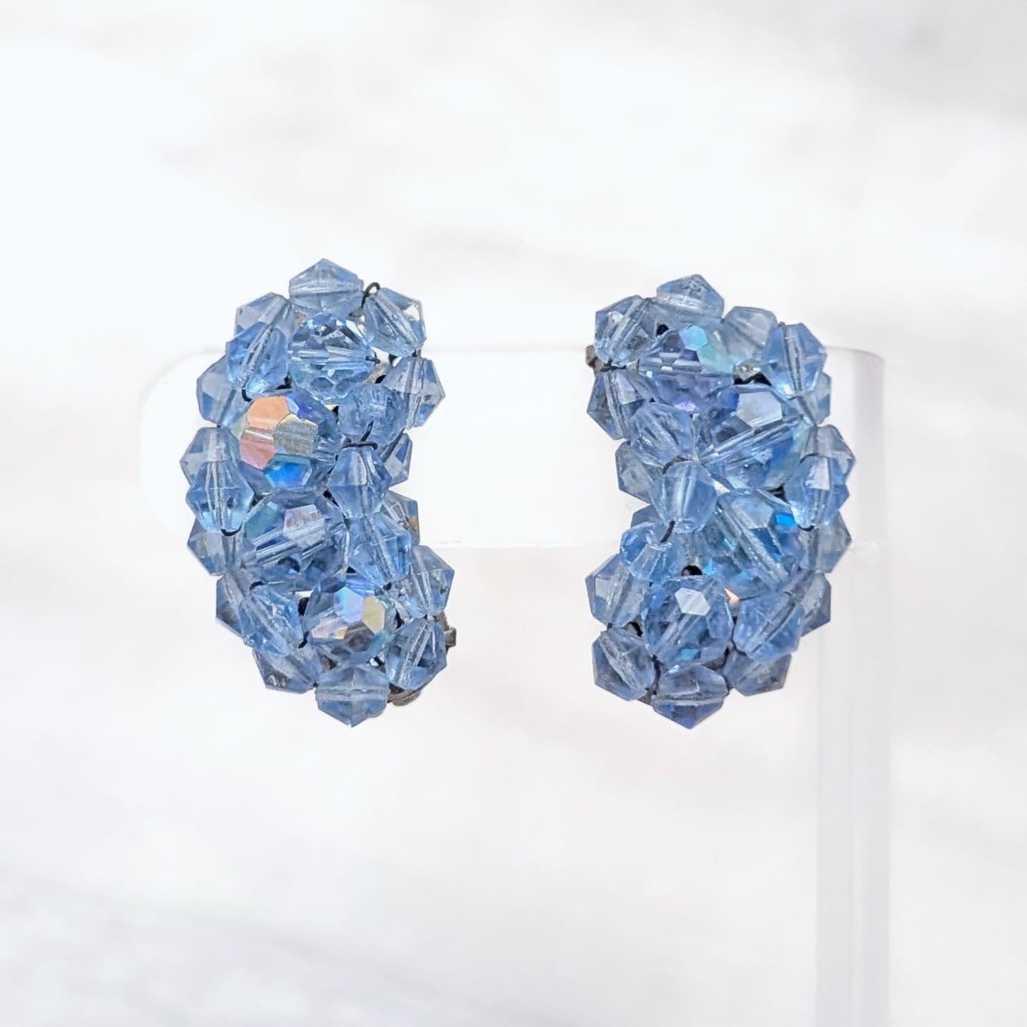 Vintage Clip On Earrings Kidney Bean Shape Large Blue Beaded Statement 1 & 3/8"