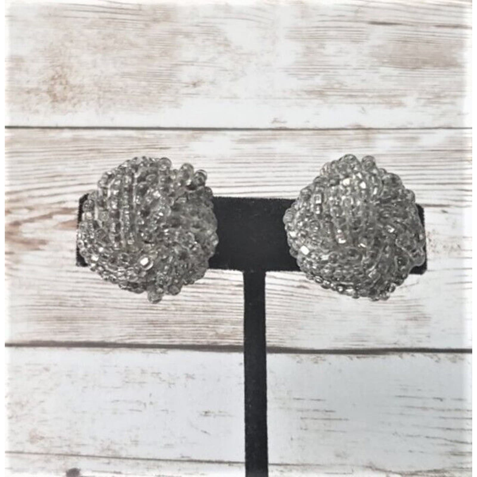 Vintage Clip On Earrings - Silver/Grey Beaded Statement Earrings 1"