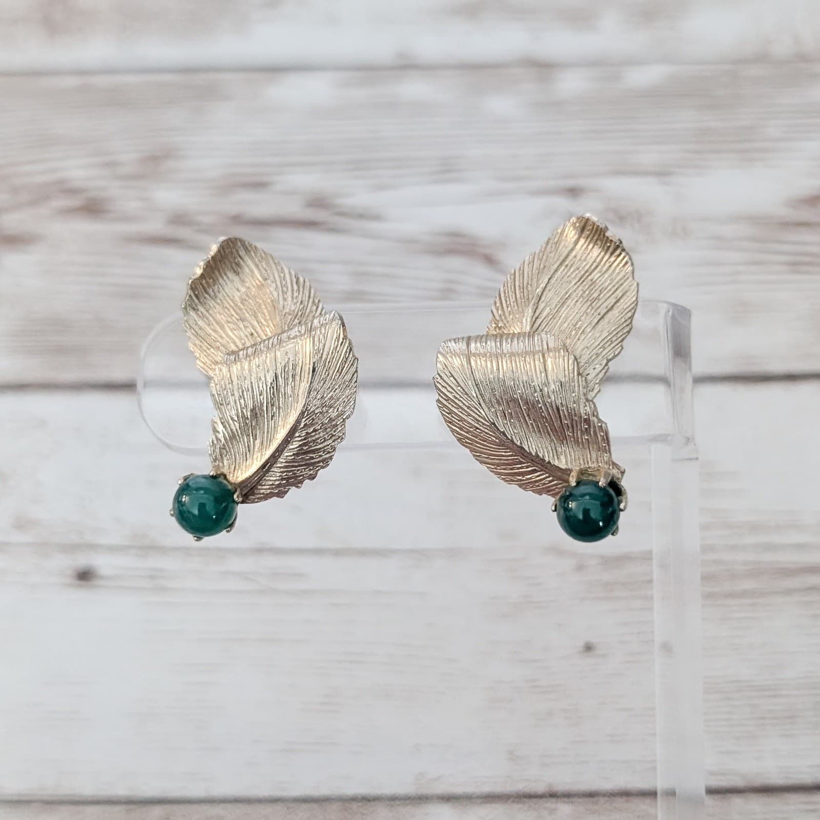 Vintage Clip On Earrings Statement Folded Leaves & Green