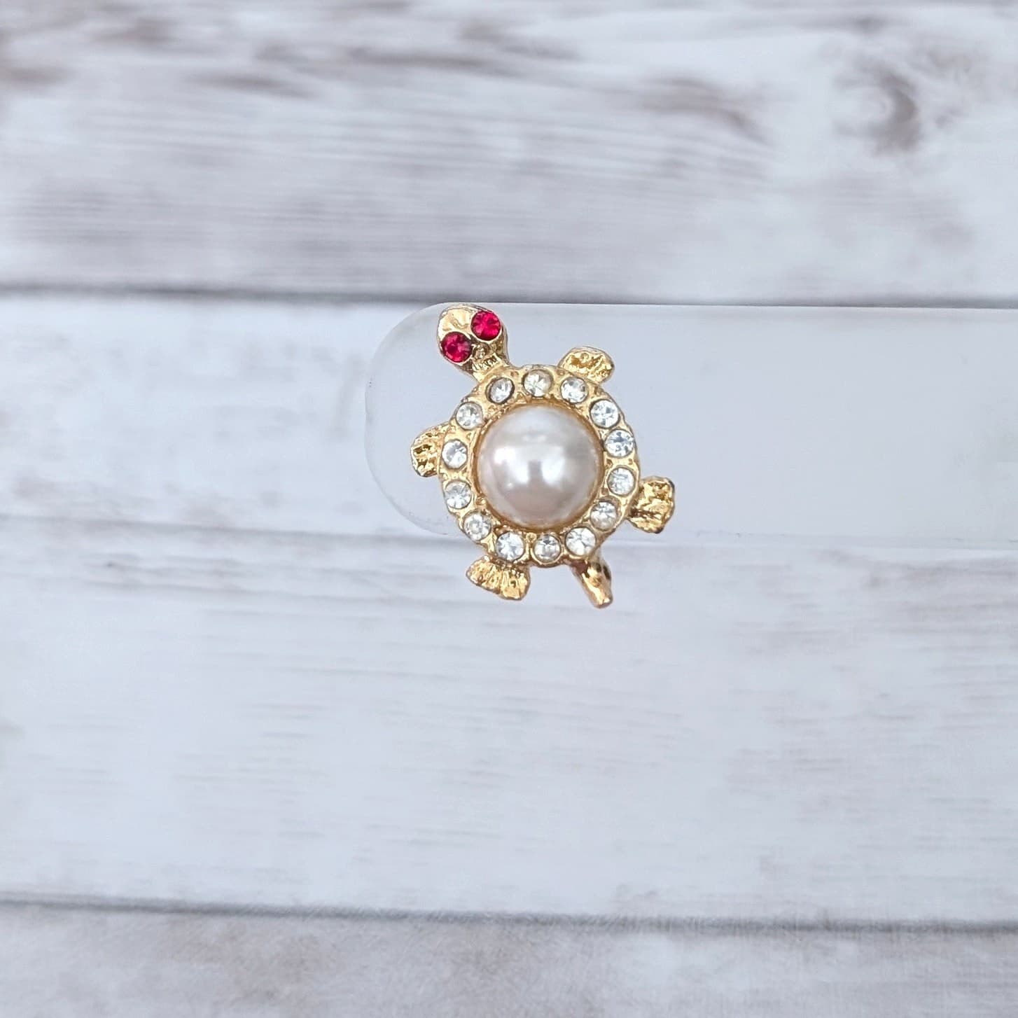 Vintage Pin / Brooch Turtle with Faux Pearl, Clear & Red Gems