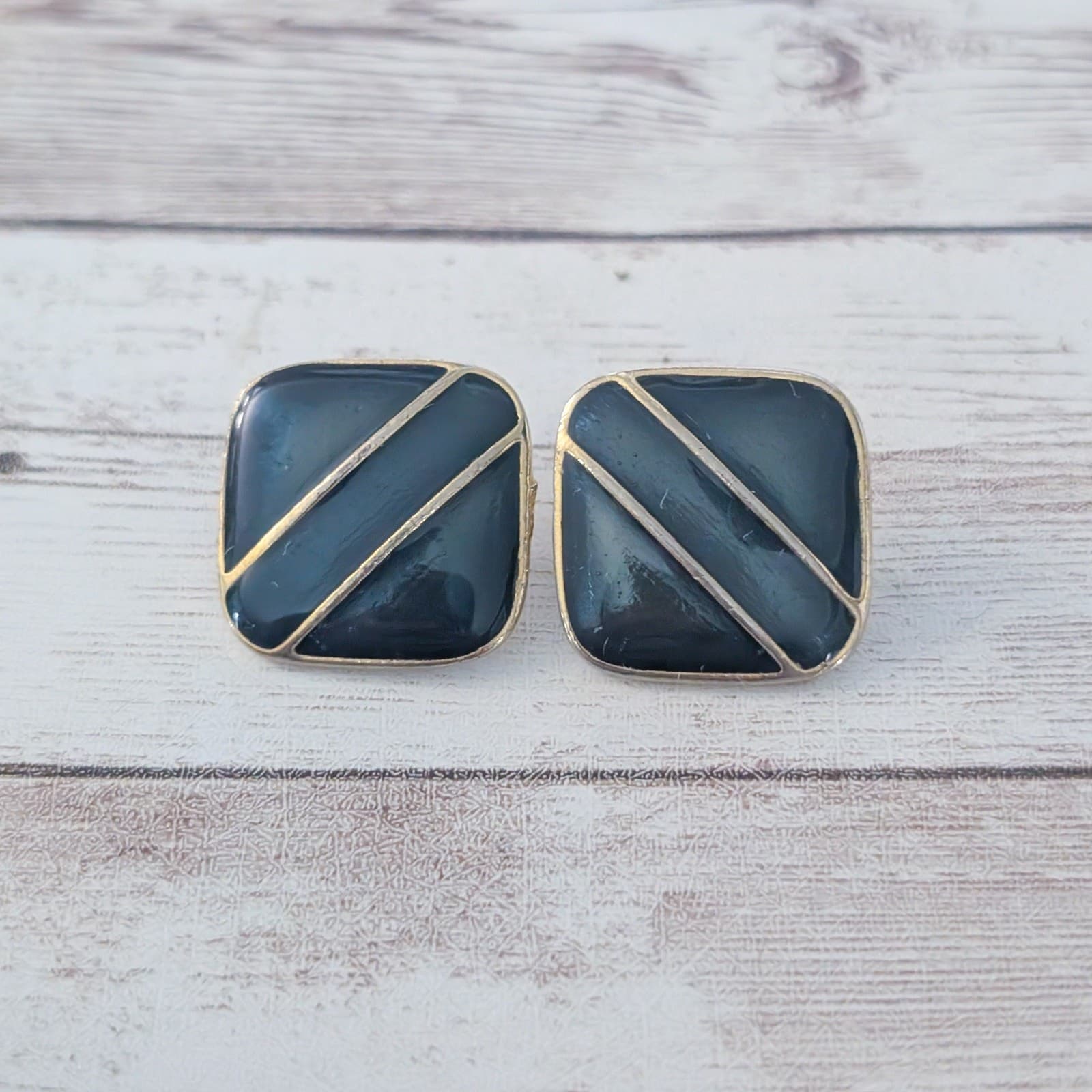 Vintage Clip On Earrings Dark Green & Gold Tone Retro Statement