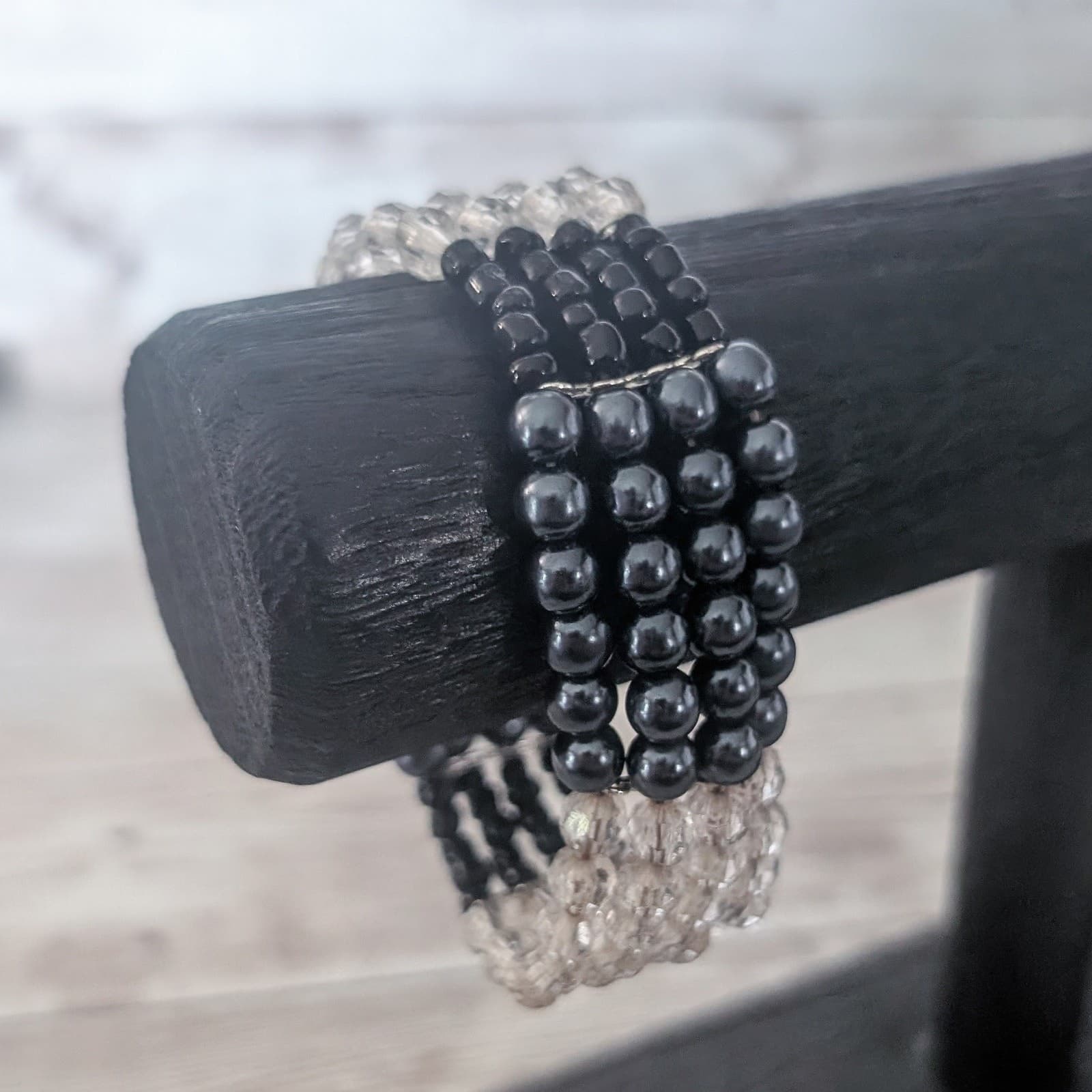 Vintage Stretch Bracelet Three Row Blue, Black, Frosted