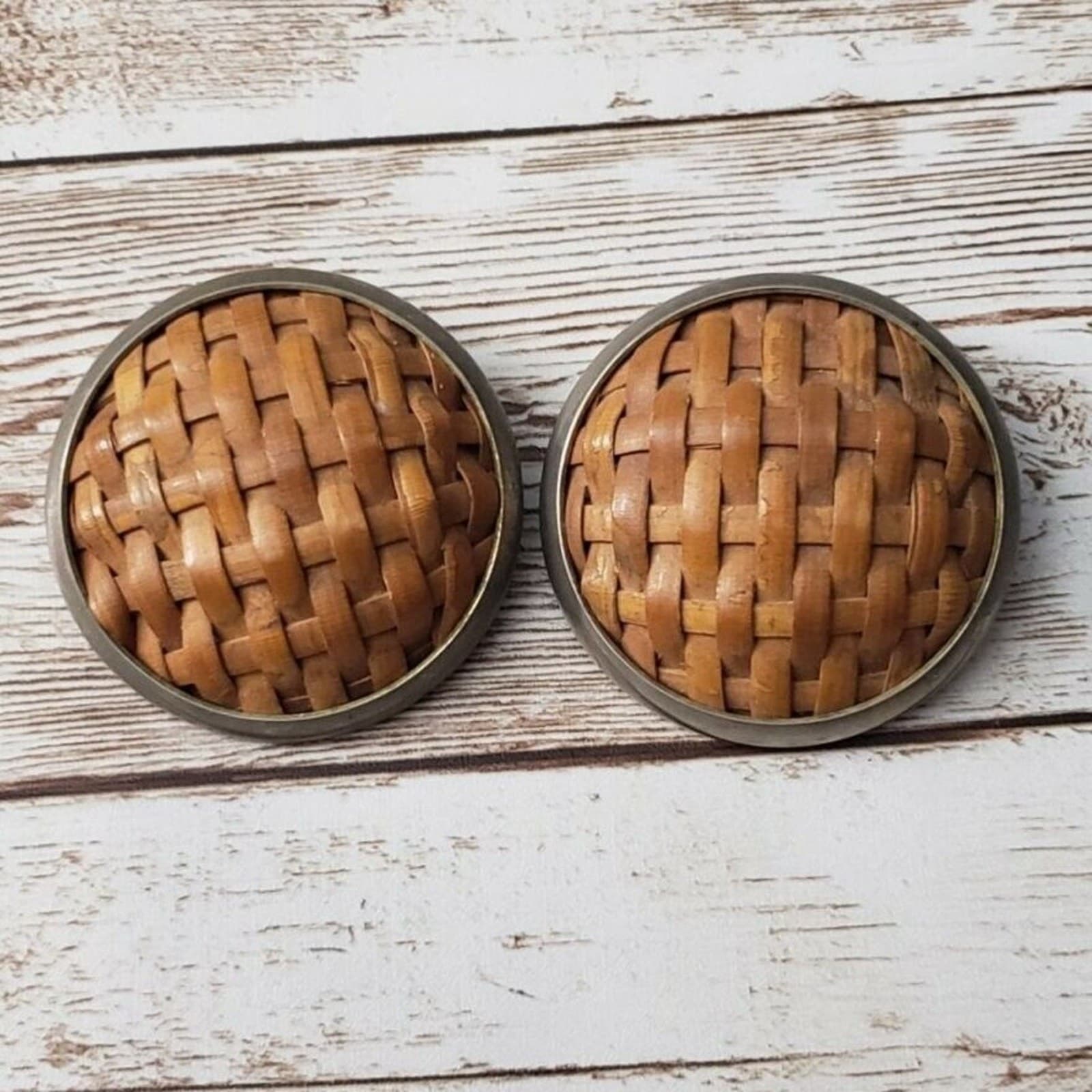 Vintage Clip On Earrings Tan Woven Design with Halo Large Earrings